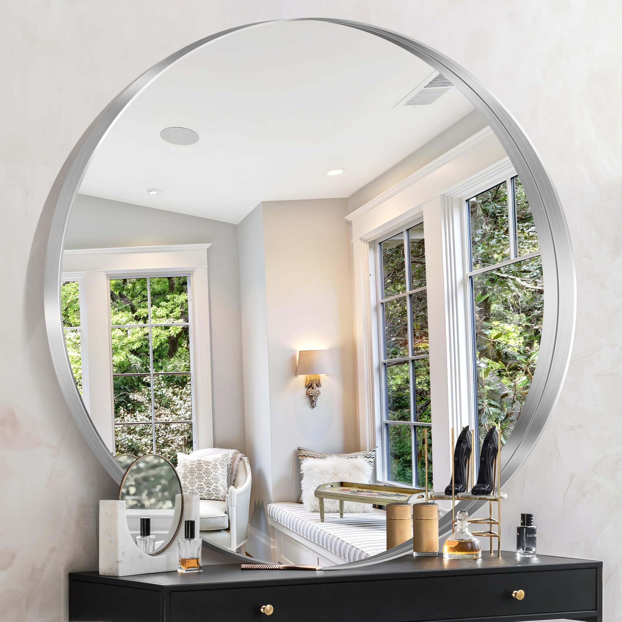 Silver Round Mirror 42 inch Deep Frame Circle Mirror