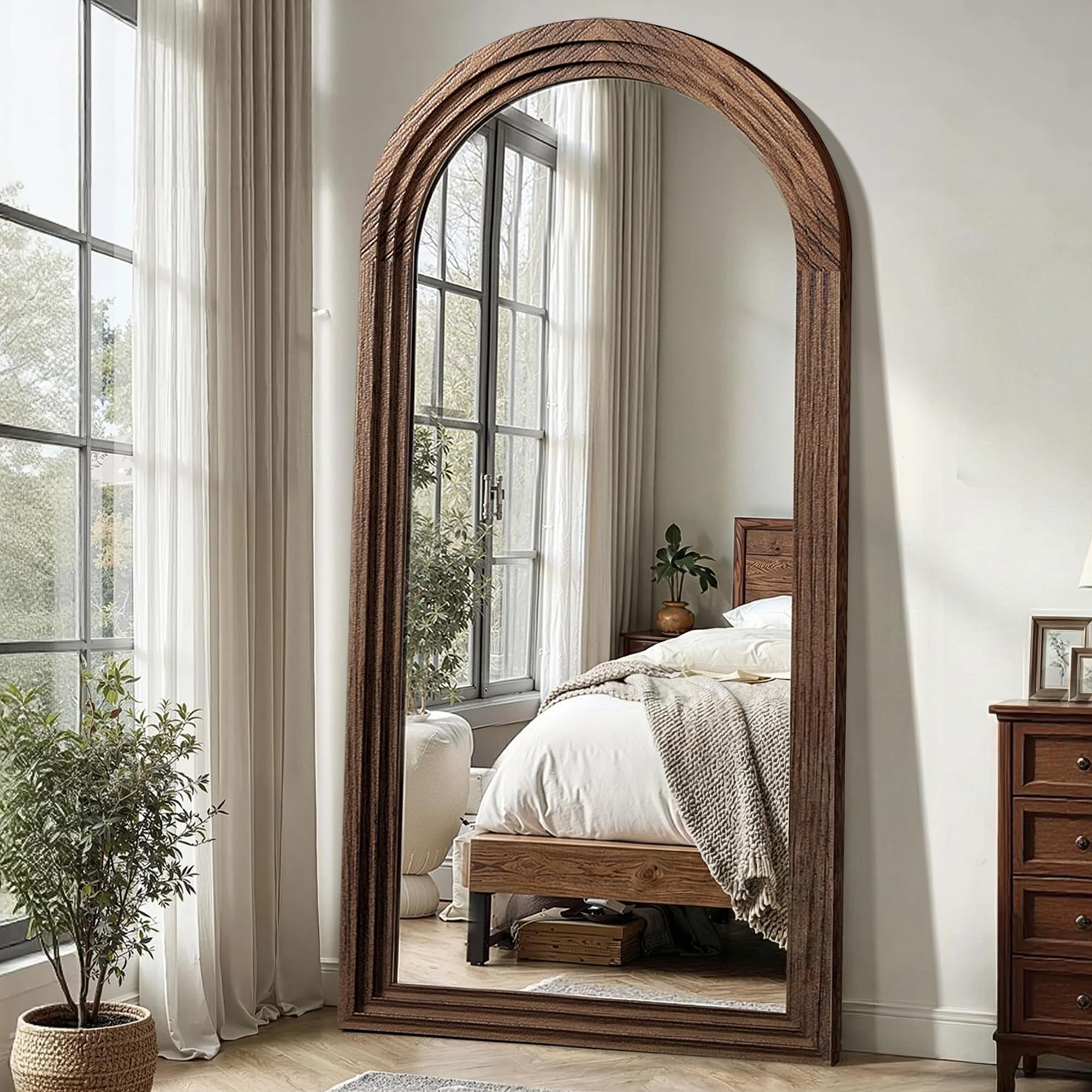View 1 of ***FACTORY SEALED *** Delma Arched Full Length Mirror, 75" x 35" Brown Wood