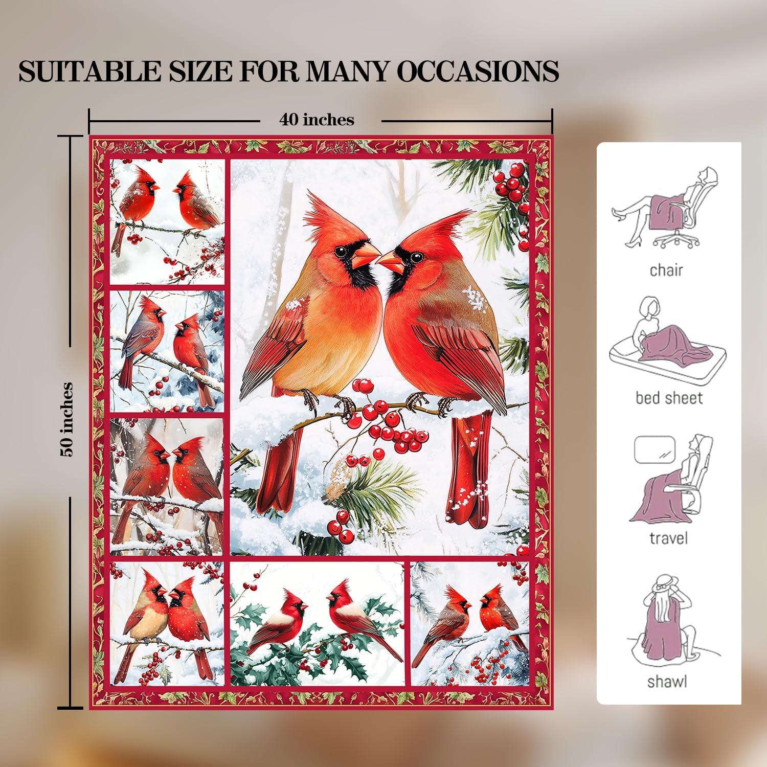 Cardinal Bird Blanket Cardinal Decor Cozy Animal Throw Super Soft Plush Flannel Fleece Blanket Gift for Kids Adults Men Women Ultra Warm & Lightweight Flannel, 50"X40" - Image 5
