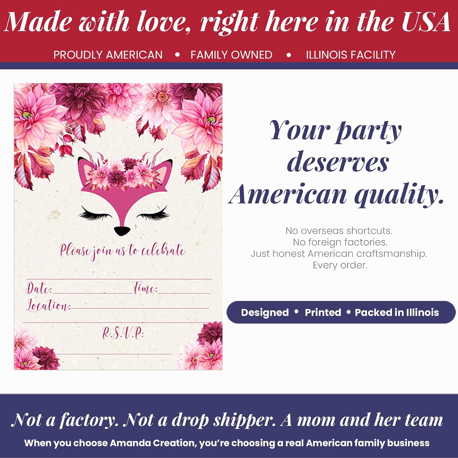 Fancy Fox Face Watercolor Floral Birthday Party Invitations, 20 5x7 Fill In Cards with Twenty White Envelopes by AmandaCreation