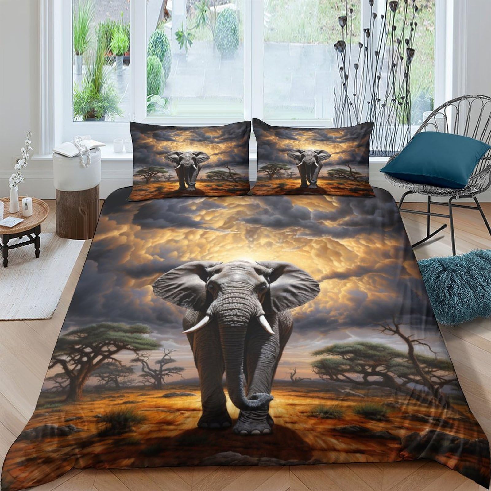 Elefanti africani Microfibra Copripiumino Lenzuola Letto Motivo Per Bambini Adulto Set Biancheria,Matrimoniale Con 3 Pezzi Copripiumino,Anti-acaro Facile Da Curare re（220x240cm）