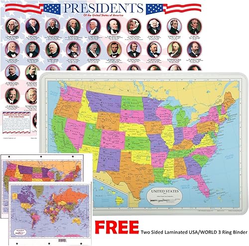 Painless Learning Manteles individuales educativos para niños laminados mapa de Estados Unidos y Presidentes de los Estados Unidos Set Gratis de dos