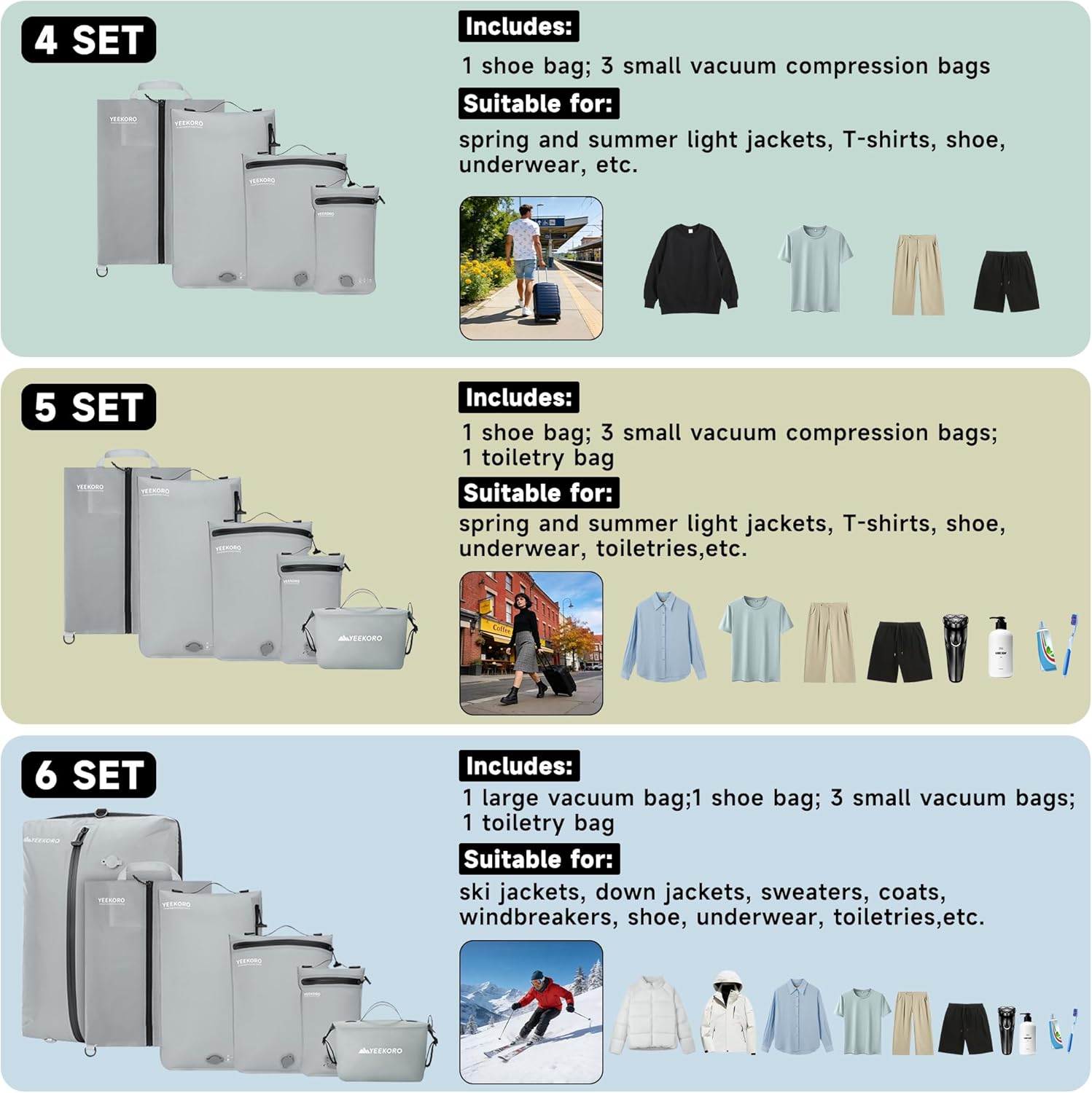 4 Set Vacuum Bags for Travel, Professional Reusable Organizer Bag with IPX8 Waterproof Zipper, Compression Bag for Suitcases, Durable Seal Space Saver Bags (with pump)