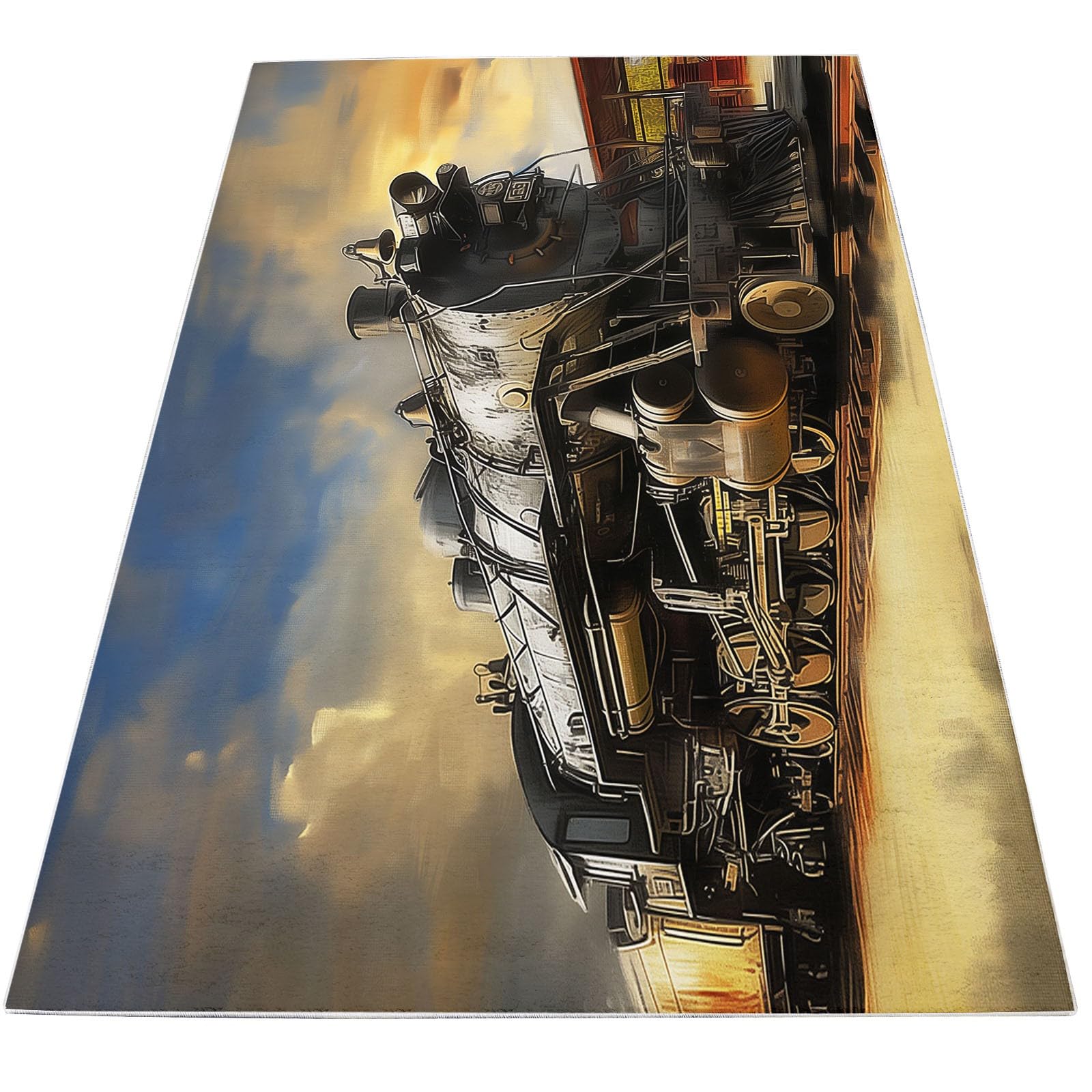 Style Peinture l'huile Tapis Lavable en Machine 160x230 cm Moquette Vieux Train Vapeur Poils Courts Doux, Tapis Intérieur Antidérapant Résistant pour Salon Chambre Chambre d'enfant et Entrée