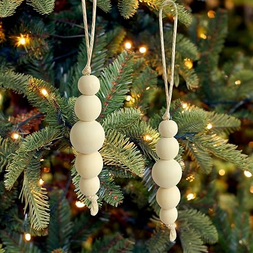12 adornos navideños bohemios de madera para árbol, modernos juegos de cuentas de madera natural, decoraciones de crema neutra, decoración rústica