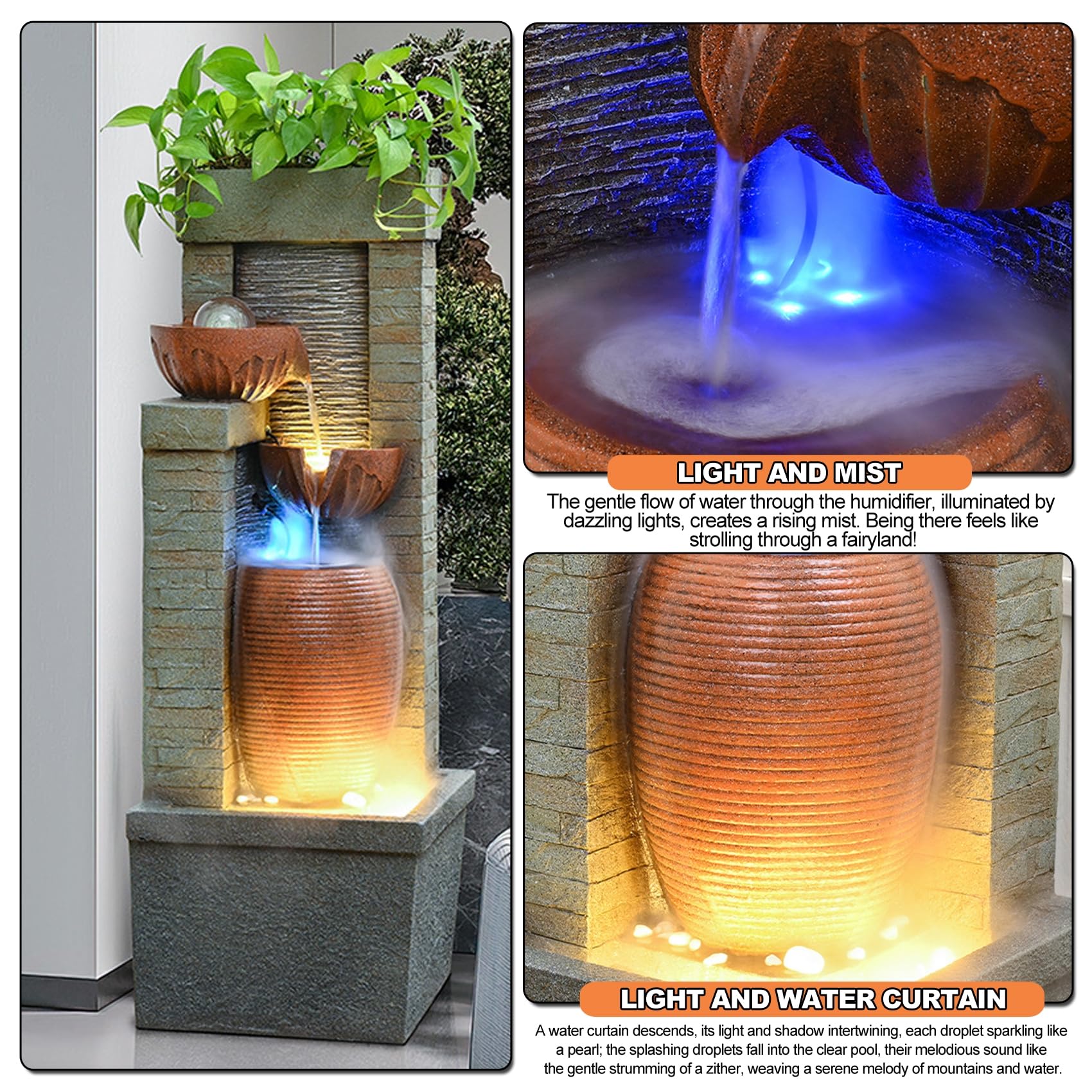 Fontana da Giardino Cascata d'Acqua 4 Livelli con Pompa dell'Acqua e Uscita dell'Acqua per la Decorazione del Patio 28 * 39 * 67 cm