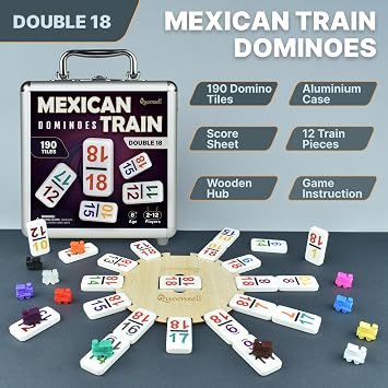 Mexican Train Dominoes Set with Numbers - Double 18 Dominos Set for Adults and Kids - Mexican Dominoes Train Game Night Games for Adults with Wooden Hub and Aluminum Case