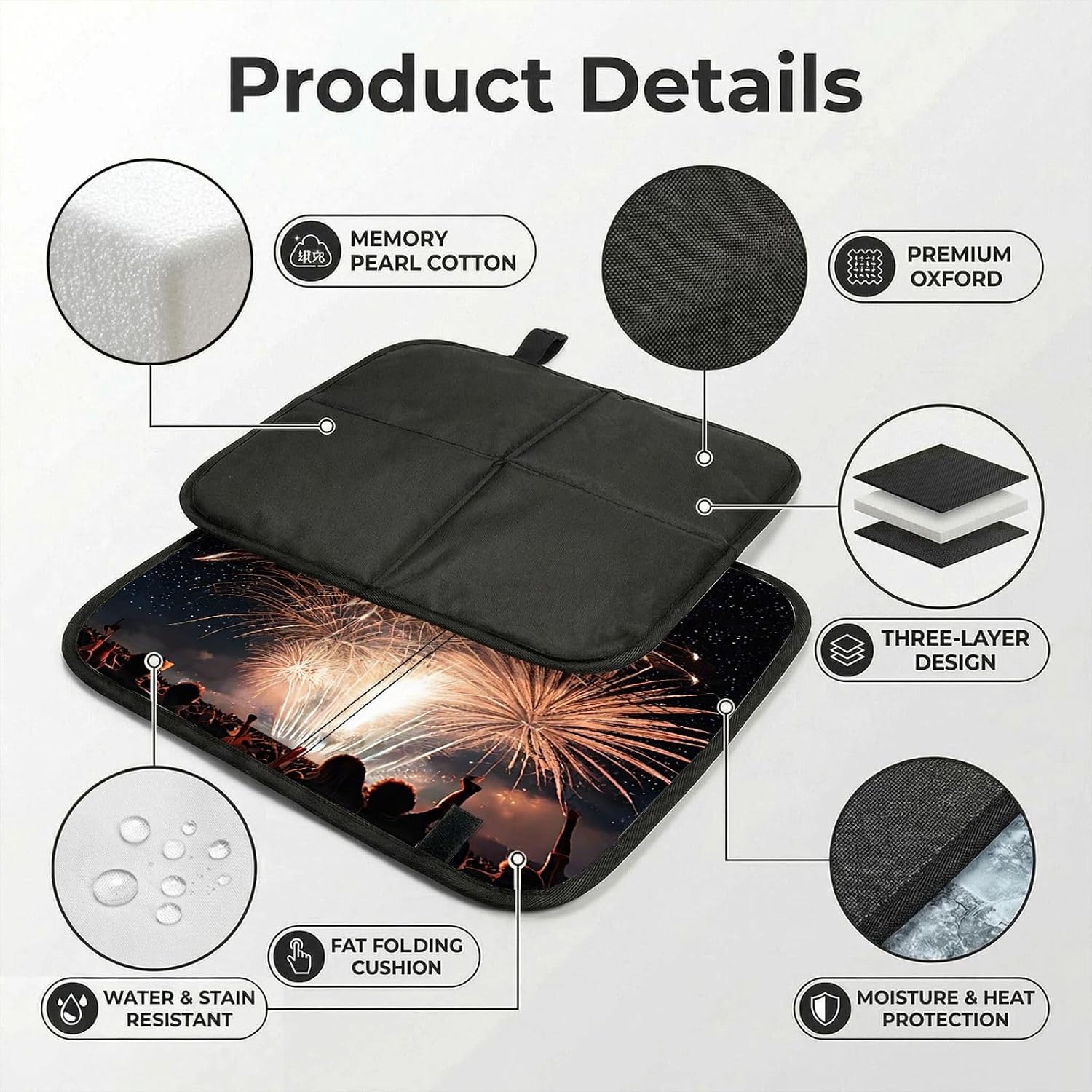 (Fireworks) Sitting Pad Foldable Seat Cushion Lightweight Camping Seat Mat with Hook for Outdoor Hiking Picnic Camping