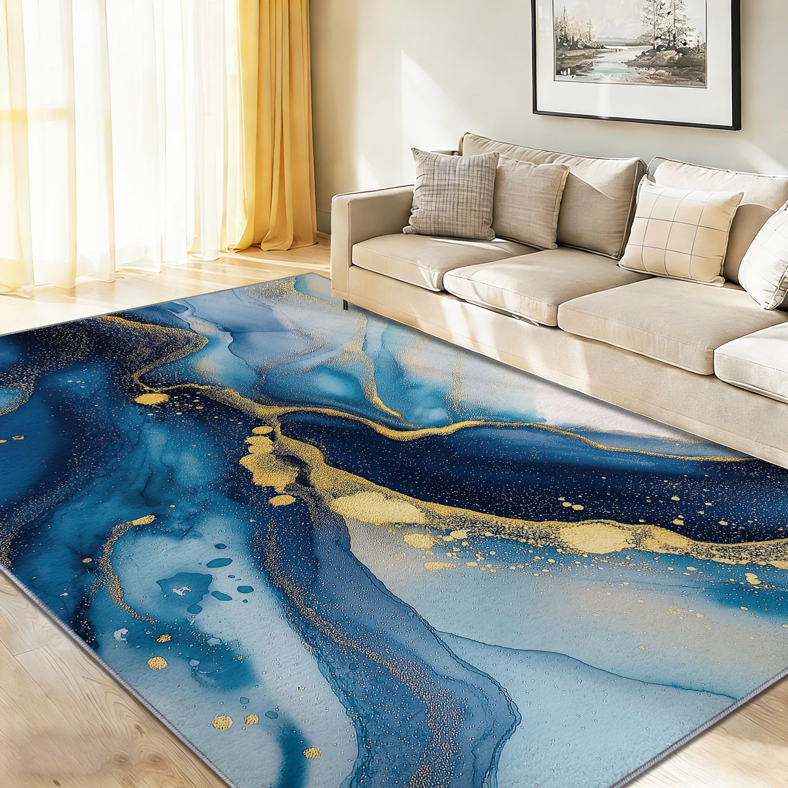 Tapis 120 x 170 cm Style Luxe Abstrait Lavable Bleu