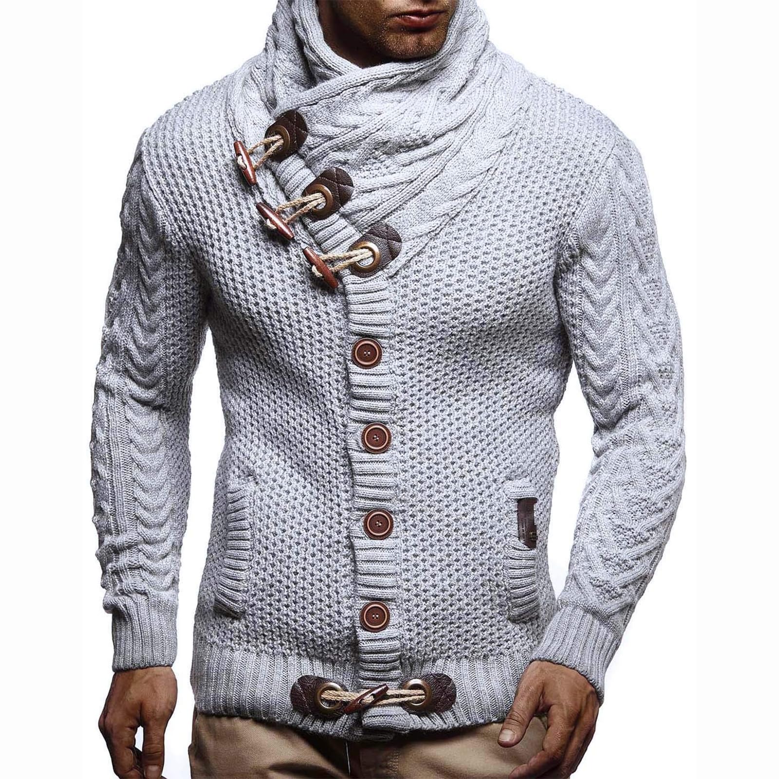 Greabuy Suéter de punto trenzado para hombre, cuello alto, térmico, cálido, con cremallera, casual, a la moda, cuello alto, ropa de invierno