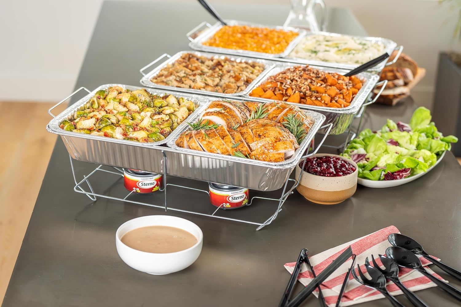 Sterno Disposable Chafing Dish Buffet, Set of 3 Full-Size Chafing Dishes for Buffet, 6 Sterno Fuel Cans (2.25hr), 6 Food Pans, 3 Water Trays, and Serving Utensils for Parties & Catering