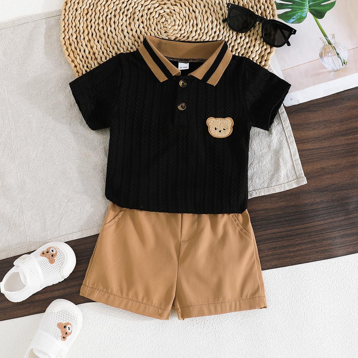 Ensemble Vêtements pour Bébés Garçons Été Tenues Polo Ours Mignon à Manches Courtes Short à Boutons et Poches 2Pcs Printemps Vêtements - 3