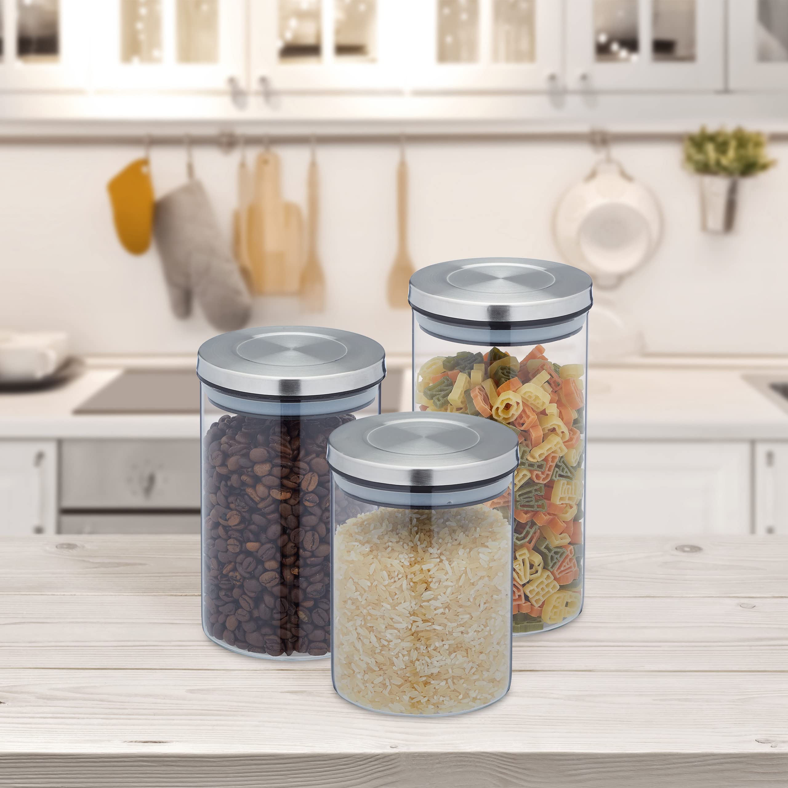 Relaxdays Lot de 3 bocaux en Verre, Couvercle INOX, Bocal Conservation, Trois Tailles, hermétique, Transparent/argenté