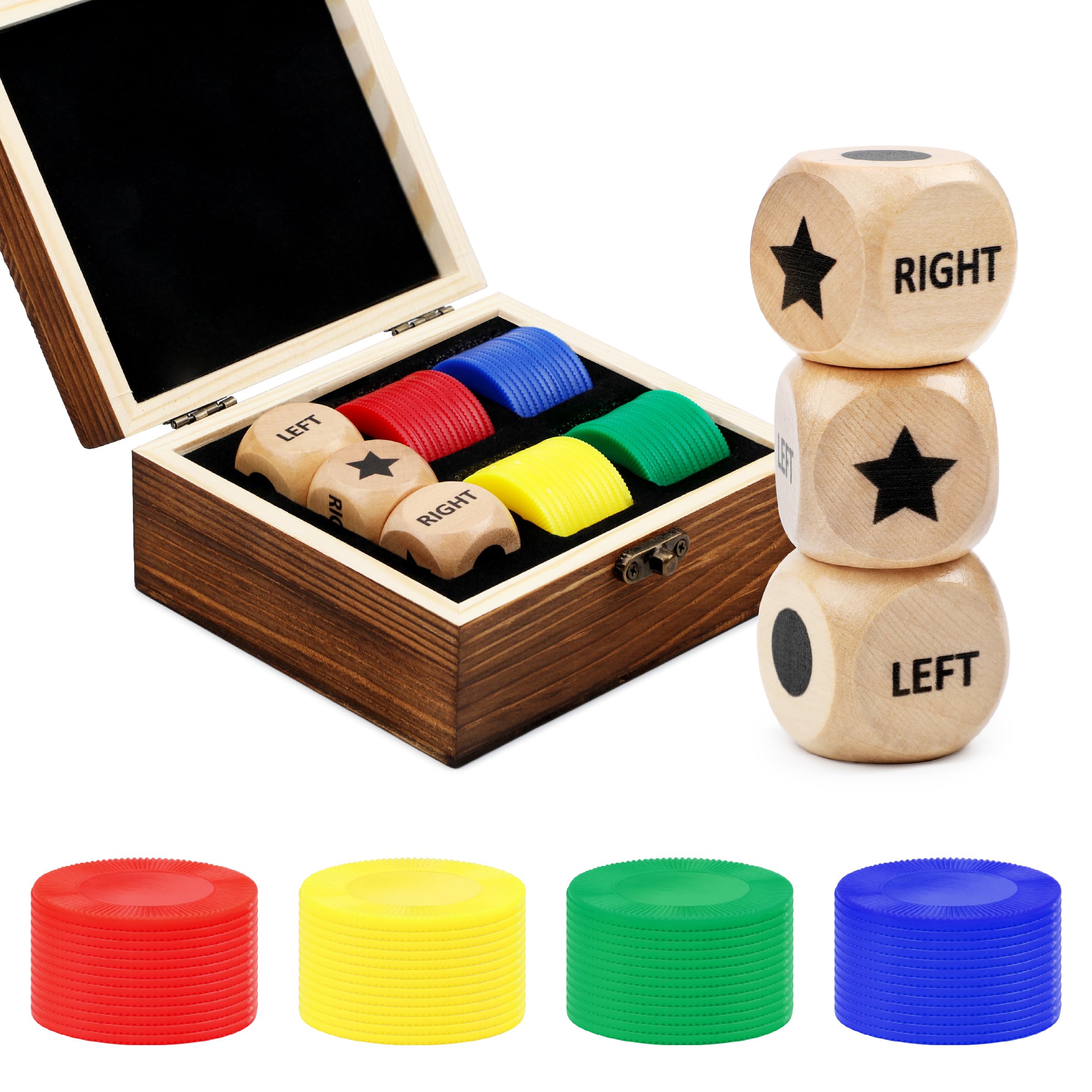 Left Right Center Dice Game Set, Include 3 1-inch Wooden Dice and 48 Pcs Chips in Wooden Box, Easy to Store and Carry Around for Travel