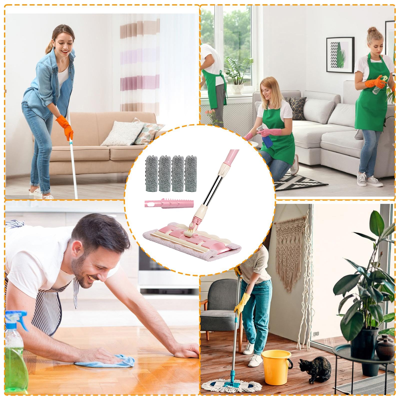 Fregona Para Suelo Mango Telescópico Giratorio 360 Grados | Mopa limpiadora con 4 almohadillas lavables Fregona para cocina, baño, garaje, exterior, baldosas y laminados