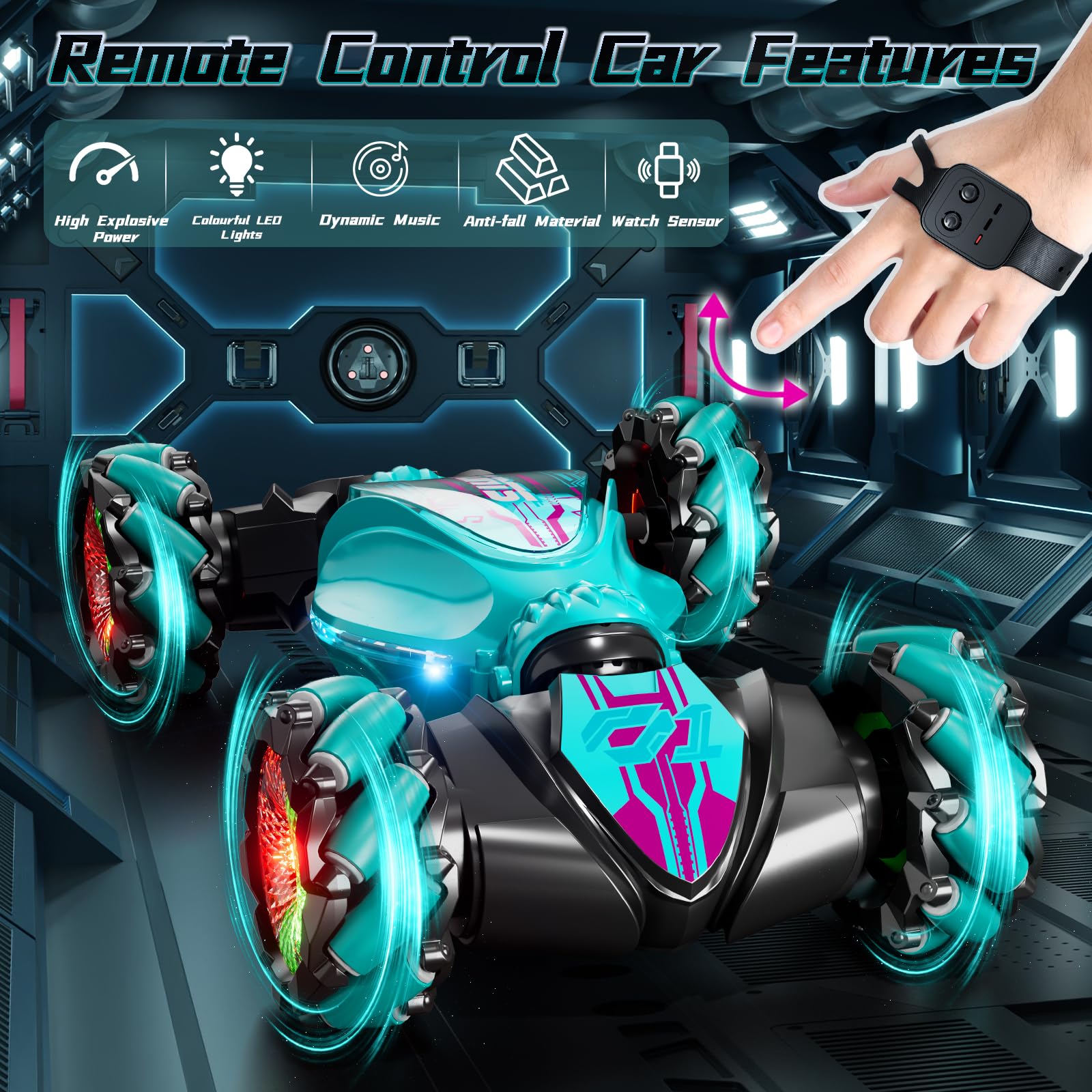 EXCOUP Gesture Sensing Rc Stunt Car, Hand Controlled RC Car Toys, 2.4GHz 4WD Gesture Sensing with Light & Music, 360° Rotation Remote Control Twist Toy for Boys Girls 8+yr, Birthday Gifts for Kids