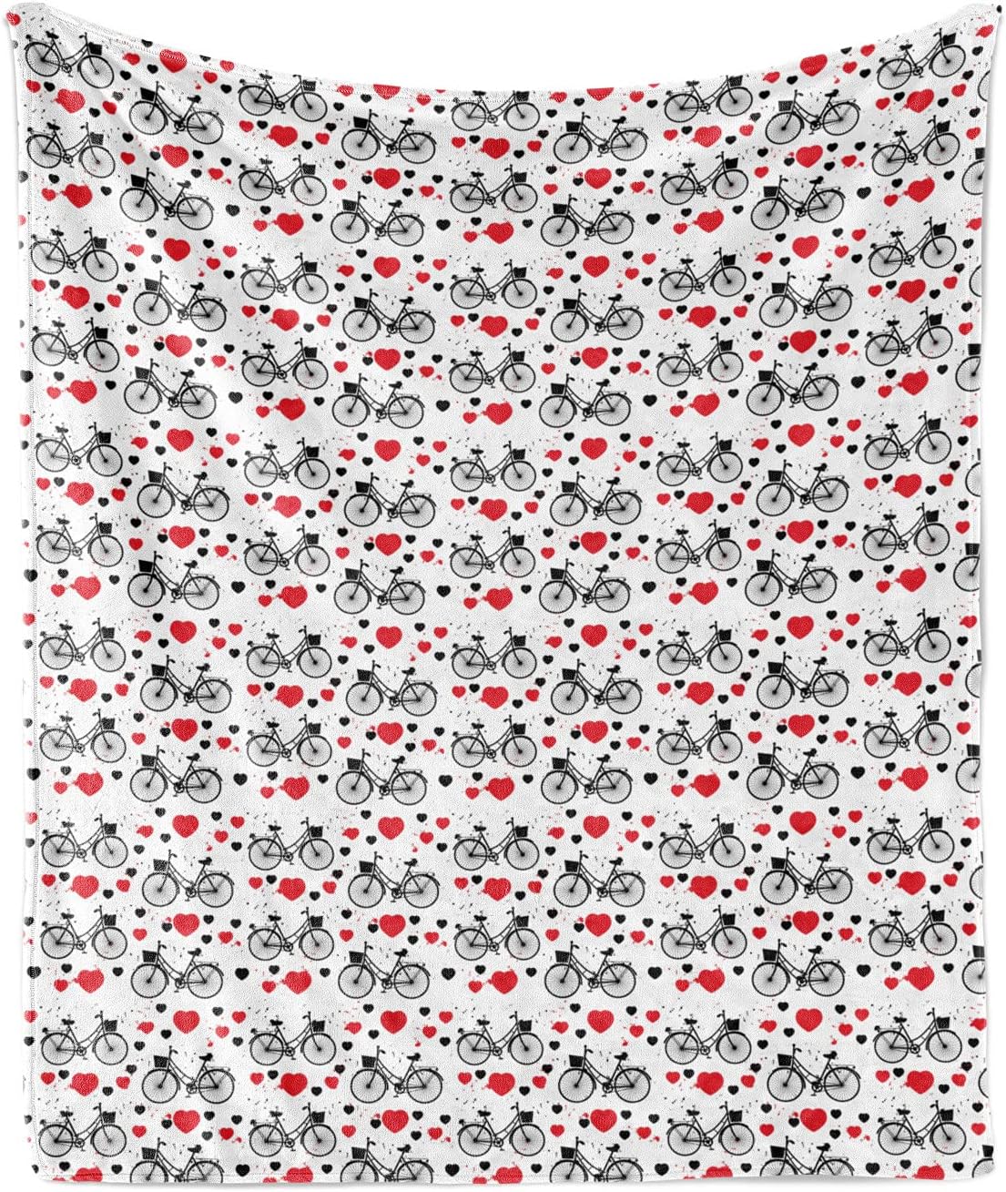 Lunarable Romantic Throw Blanket, Grunge Heart Background with Bicycle Silhouettes Valentine's Day Love Image, Flannel Fleece Accent Piece Soft Couch Cover for Adults, 50" x 60", Red Black White