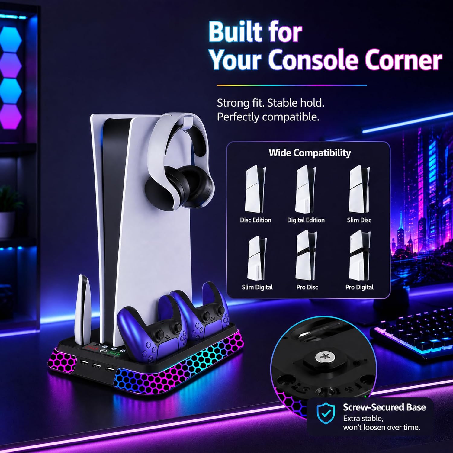 PS5 Stand with Hexagon RGB Aesthetics,PS5 Cooling Station for PlayStation 5 Slim Pro Disc Digital Console with Cooling Fan,Dual Controller Fast Charger USB Hub Headset Holder Game Storage Black 6 81UtnP0FN8L. AC SL1500