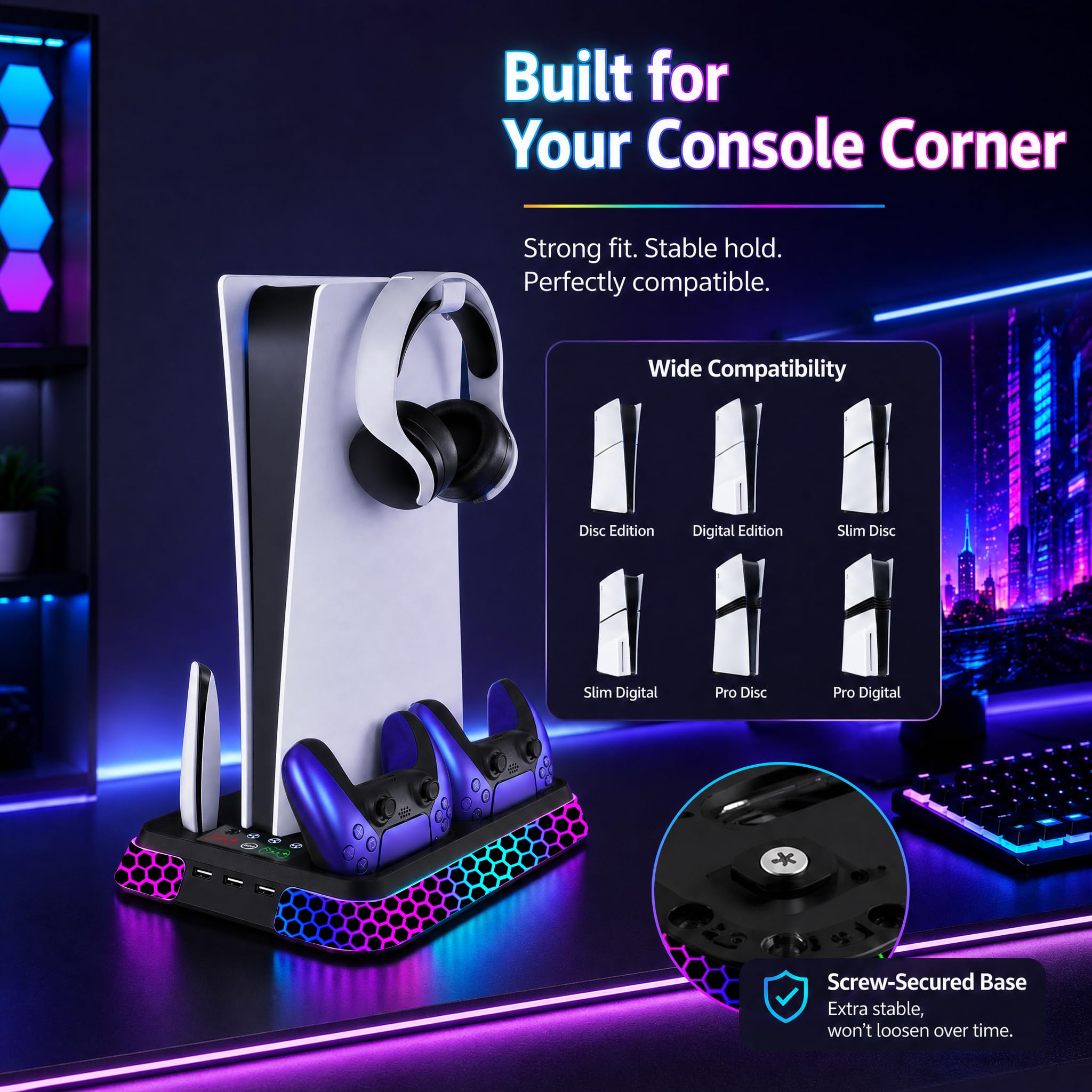 Soporte para PS5 con estética hexagonal RGB, estación de refrigeración PS5 para consola digital PlayStation 5 Slim Pro Disc con ventilador de refrigeración, controlador dual, cargador rápido USB