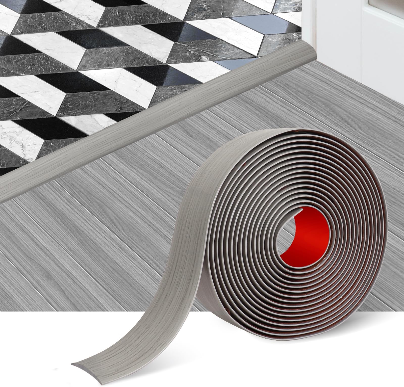 Floor Transition Strip Self Adhesive Floor Cover Strips Laminate 2" Wide Vinyl Flat Divider Transitions Elegant Wood Grain Design (5cm, 20Ft, Gray)