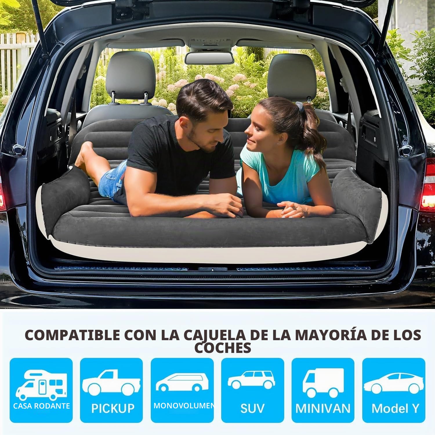 KMZ Colchón hinchable para SUV, coche, camión, camping – cama portátil gruesa con 2 almohadas y bomba eléctrica