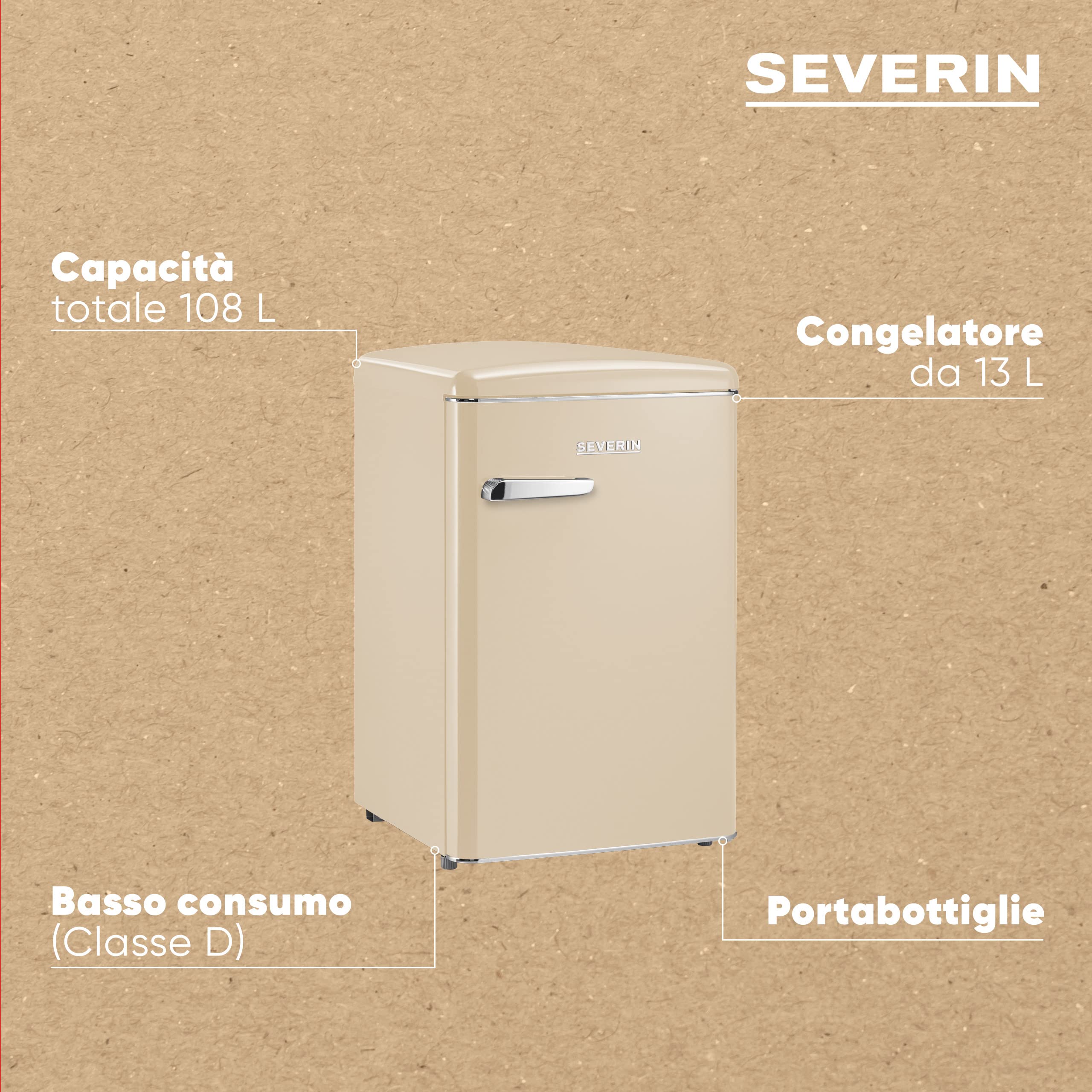 SEVERIN Mini Frigorifero Retrò Crema, 108 Litri, Congelatore 13L, Silenzioso (37 dB), Classe D, Luce LED, Cassetto Veggibox, Maniglie Cromate, Portabottiglie, 55,0 x 61,5 x 89,5 cm - RKS 8833