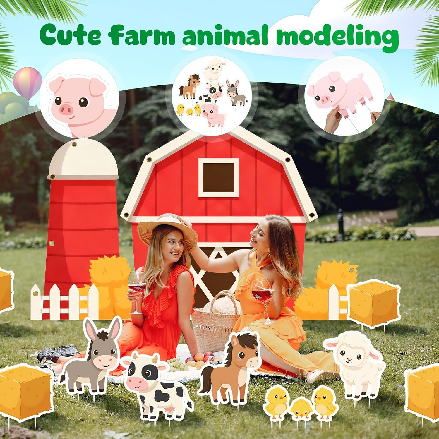 Kathfly Farm Birthday Decorations 13 Pcs Large Farm Animal Party Supplies with 59x34 Inch Farmhouse Backdrop, Barnyard Yard Signs Photo Booth Props for Birthday, Baby Shower, Farmhouse Party Decor