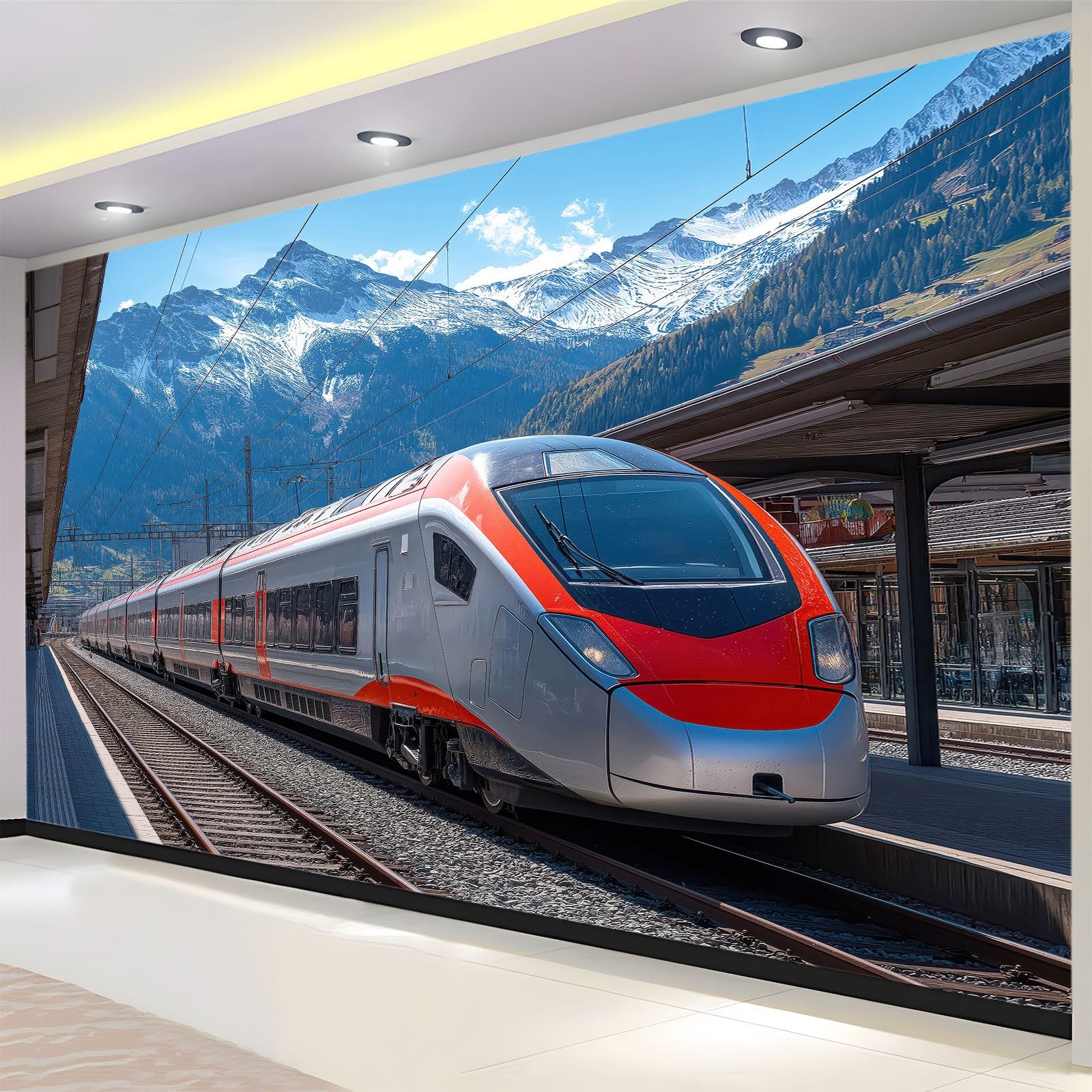 Panoramiczna tapeta realistyczne pociągi góry tory kolejowe, fototapeta 250 x 175 cm gigantyczny plakat ścienny 3D do salonu pokój dziecięcy tło telewizora dekoracja ścienna restauracja, niebieski