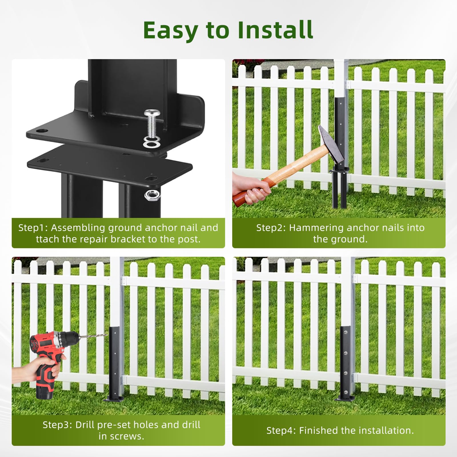 Estacas de reparación de postes de valla de acero resistente, estacas de anclaje para postes de madera, postes inclinados/rotos (paquete de 4/negro)