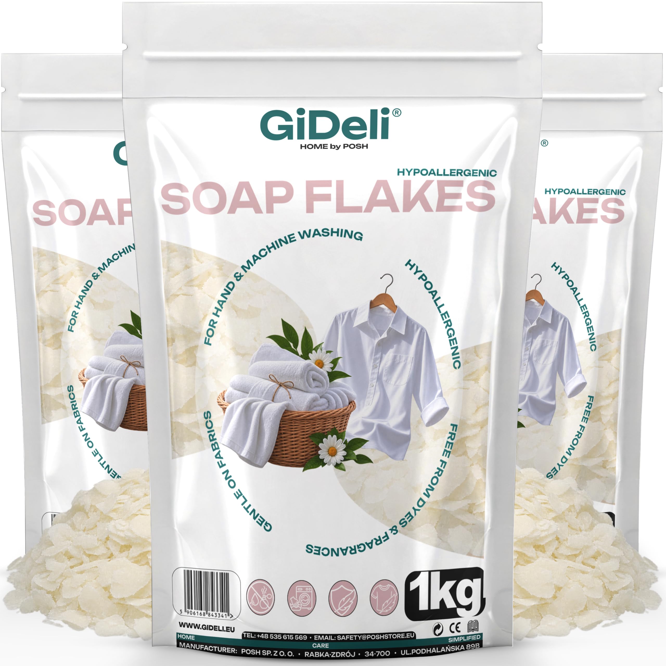 GiDeli Seifenflocken Sensitiv Waschmittel ohne Duftstoffe, Farbstoffe 3x1kg