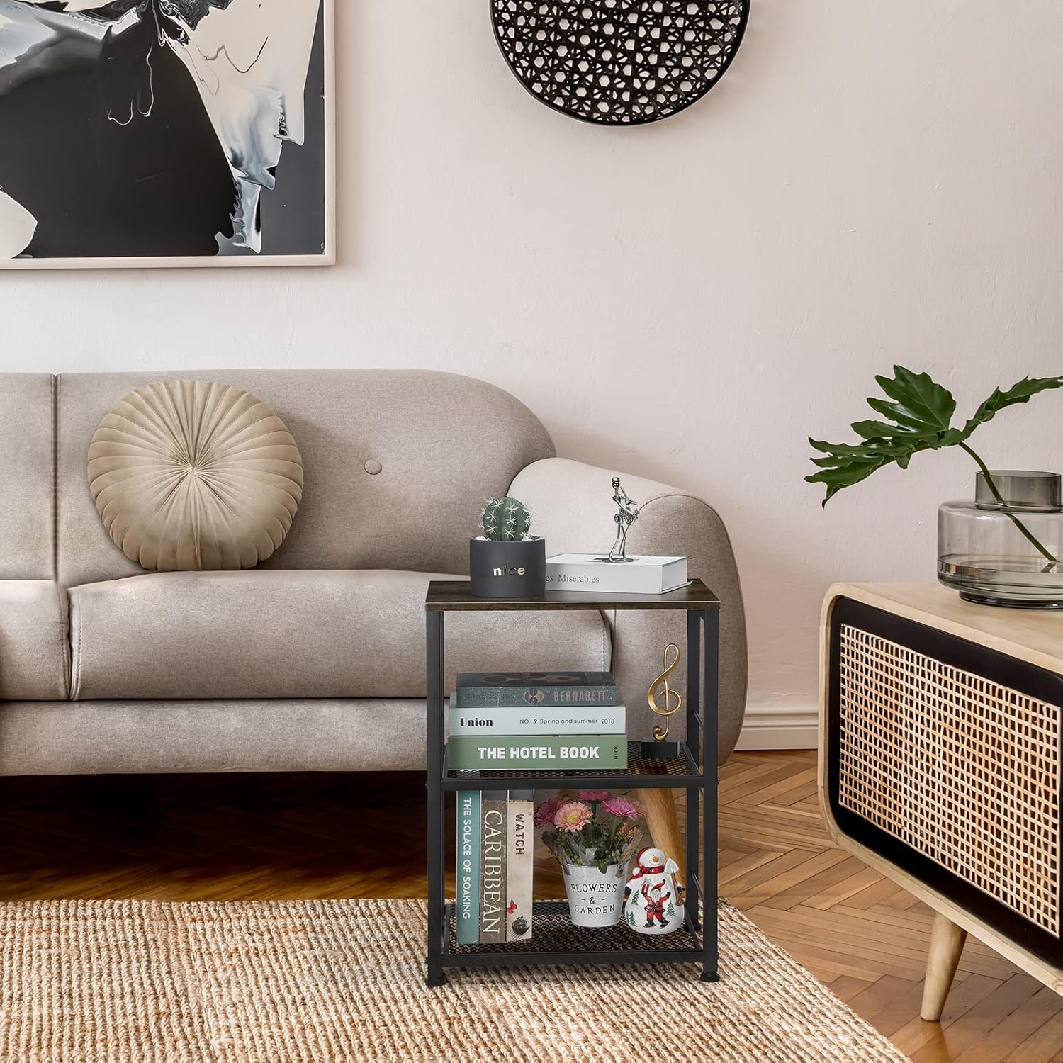 MOOACE Rustic 3 Tier End Table with Wheel,Side Table Nightstand Storage Shelf for Bedroom,Kitchen,Living Room and Office, Stable Metal Frame,Wood Top, Easy Assembly - Brown&Black