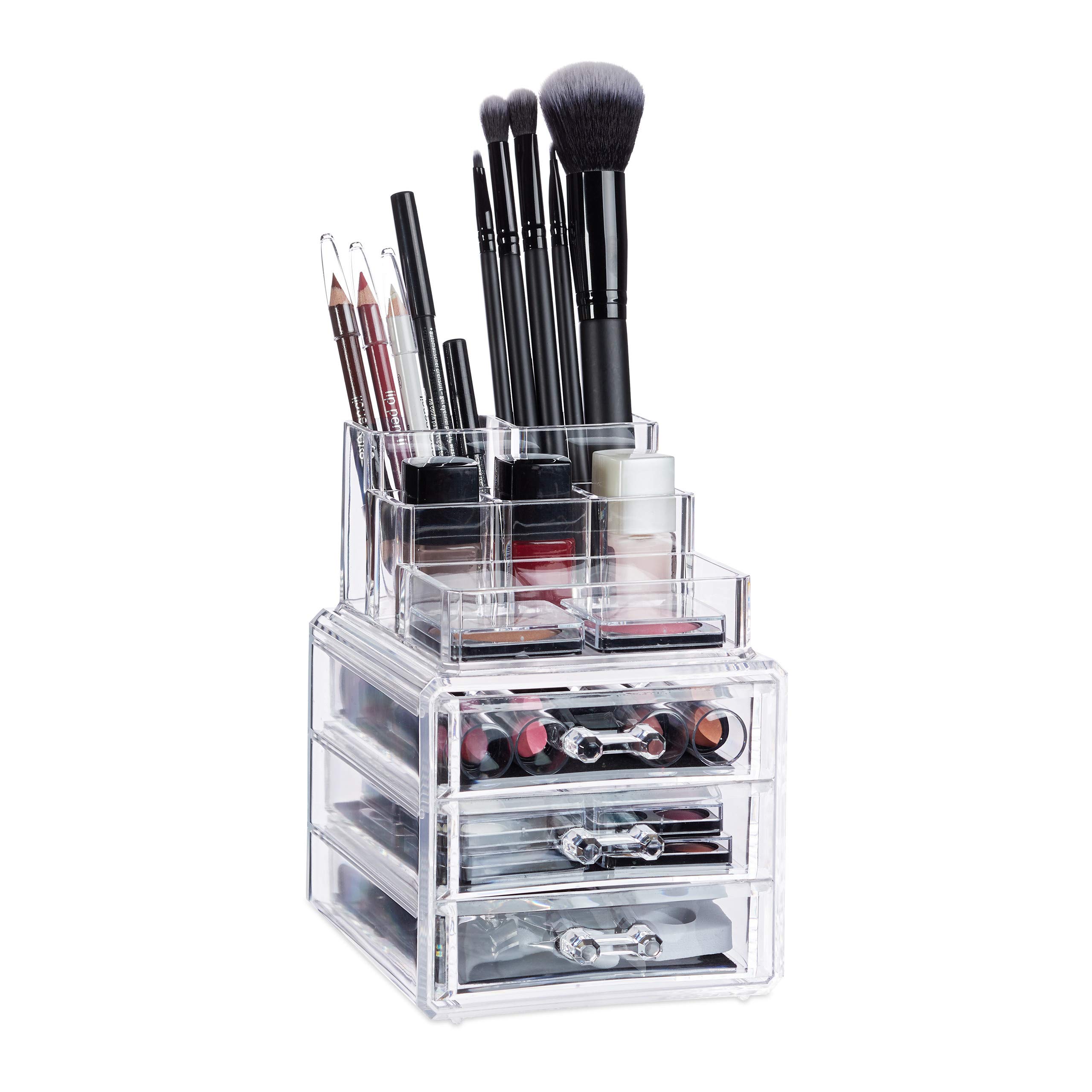 Relaxdays 10024641_50 Contenitore Cosmetici, Porta-Trucchi, Make-Up Orga, Trasparente, 3 Cassetti
