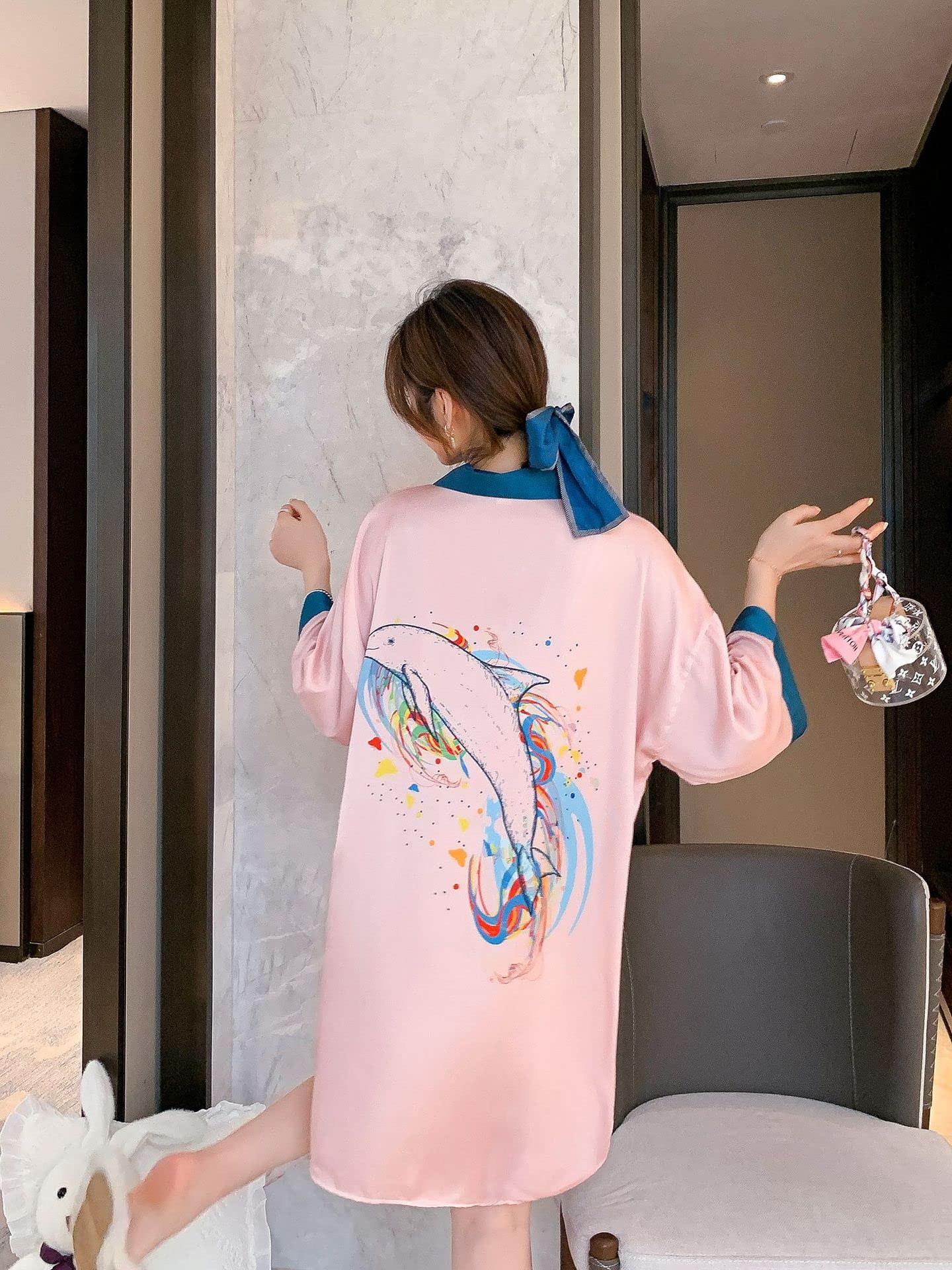 URYYRIT Schlafanzug Gelbe Dünne Home Ice Seide Pyjamas Frauen Sommer Dreiviertelhülle Gedruckt Nachthemd Home Service Shirt Rock