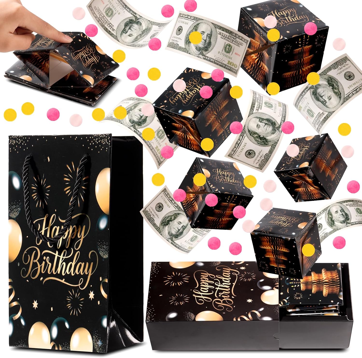 Zaoune Birthday Money Box for Cash Gift, Pop Up Surprise Gift Box Explosion | 20 pop-out 3in bounce boxes, zero assembly, no rubber bands, confetti, 8.3in rope-handle gift bag, drawer box, reusable