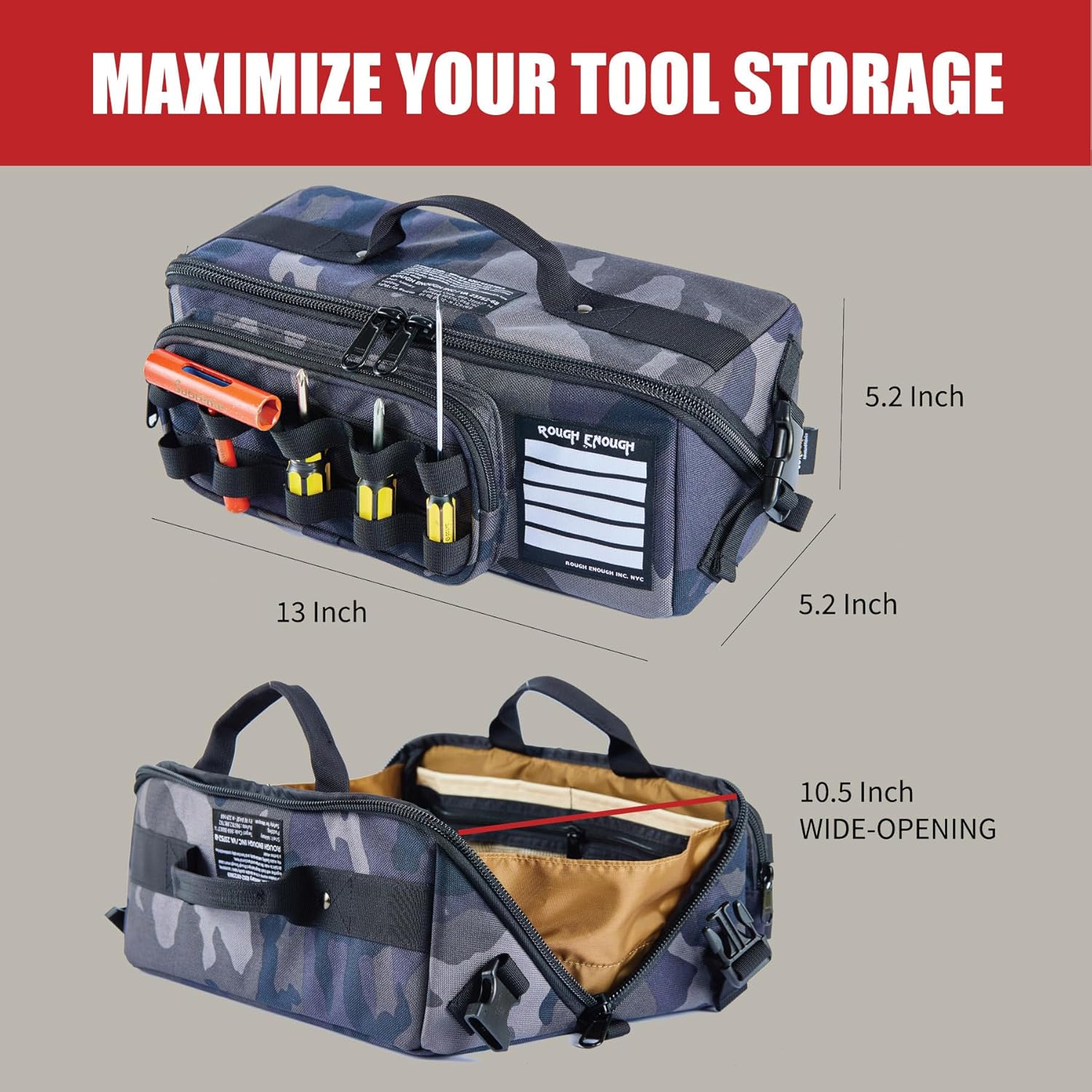 ROUGH ENOUGH Small Tool Bag Organizer Box Heavy Duty for Men Electrician Mechanic Technician Carpenter Outdoor Tactical Camp Enthusiast Camo Black