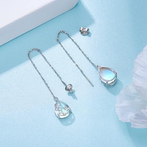Miniatura 5 de Aretes de enhebrador de piedra lunar de plata de ley 925, aretes de loto con cadena larga, aretes de lágrima, regalos de joyería para mujer, Plata