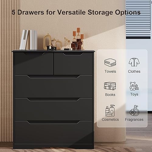 Vista 6 de Gizoon Cómoda de 5 cajones, cómoda negra para dormitorio con gran capacidad de almacenamiento, cómoda con mango integrado, dispositivo resistente
