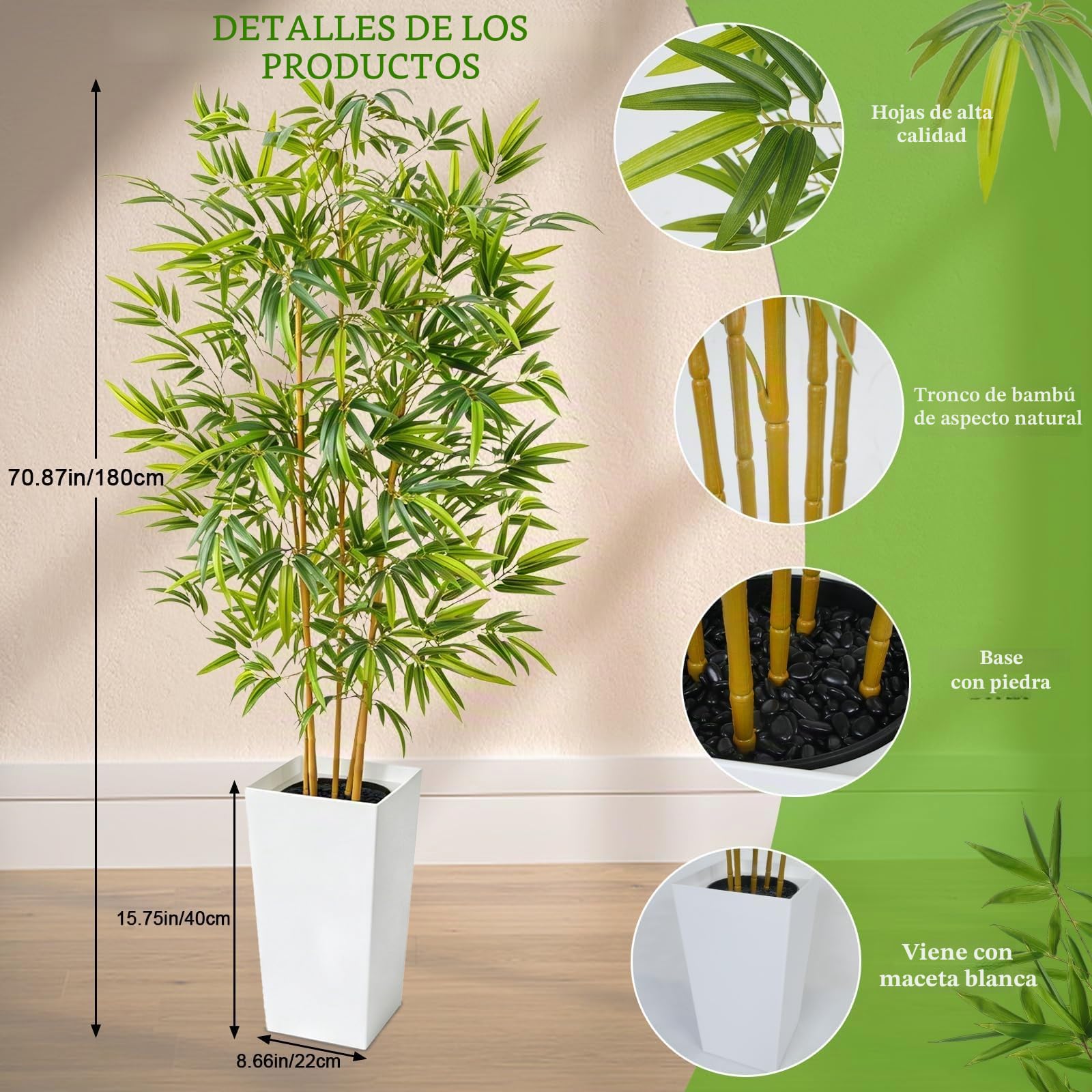 Bambu Artificial 180 cm Plantas Artificiales Grandes Arbol Artificial Interior con Madera Blanca Árboles di Bambú Artificial Exterior para Decoración Oficina Dormitorio Hogar Jardín Balcón