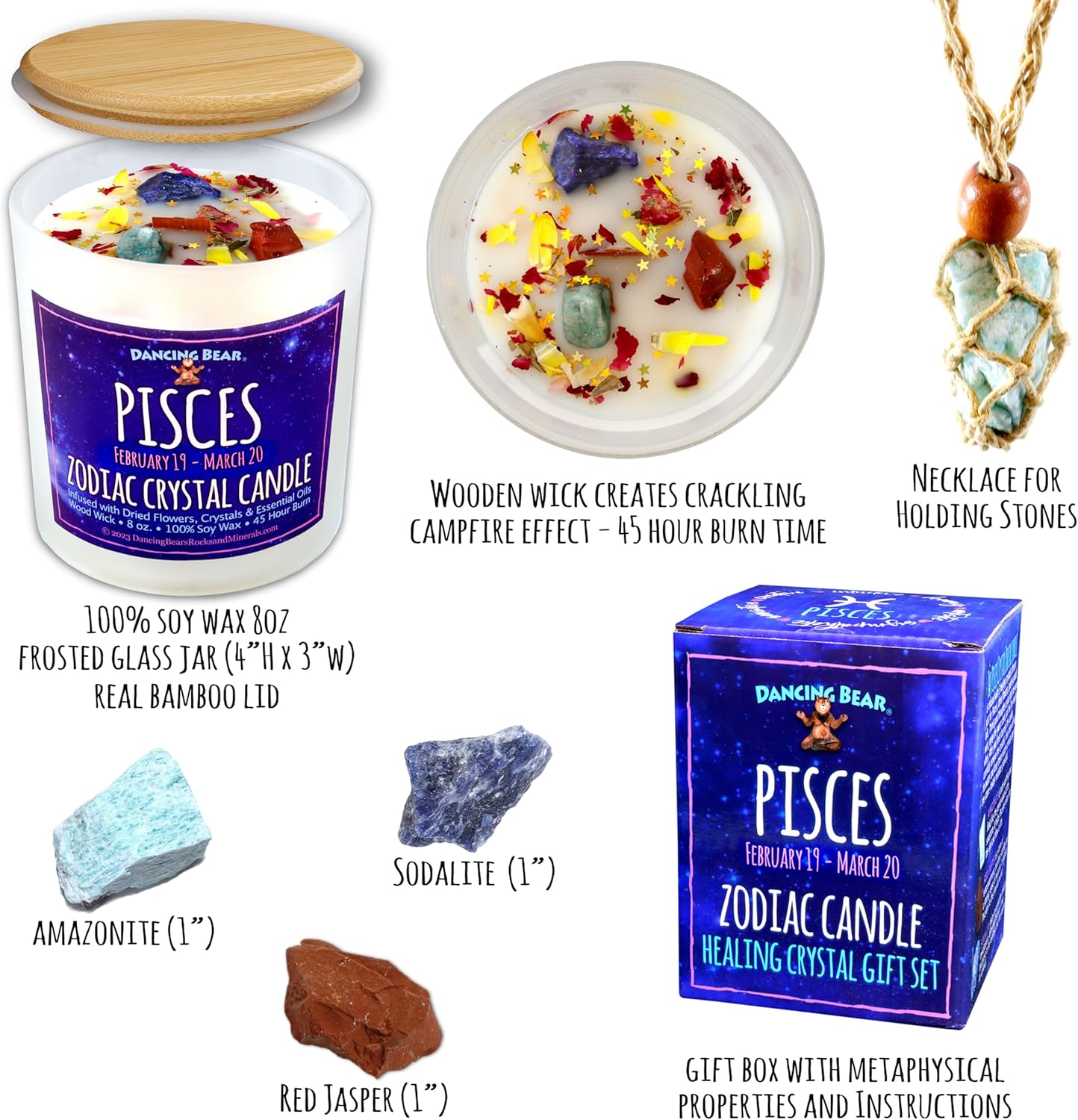 DANCING BEAR Pisces Zodiac Candle Gift Box Set with 3 Healing Crystals & Stone Holder Necklace, 100% Soy Scented Wax, Crackling Wood Wick, 45 Hour Burn Time - Image 3