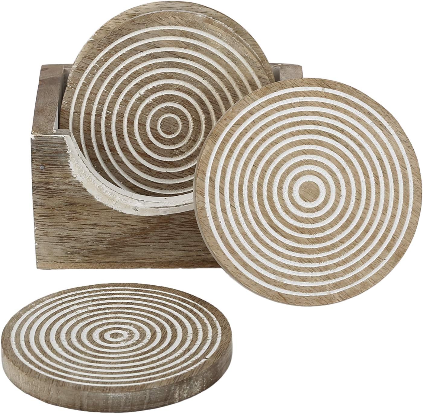 Round Wooden White Coaster Set of 6 with Stand Rustic