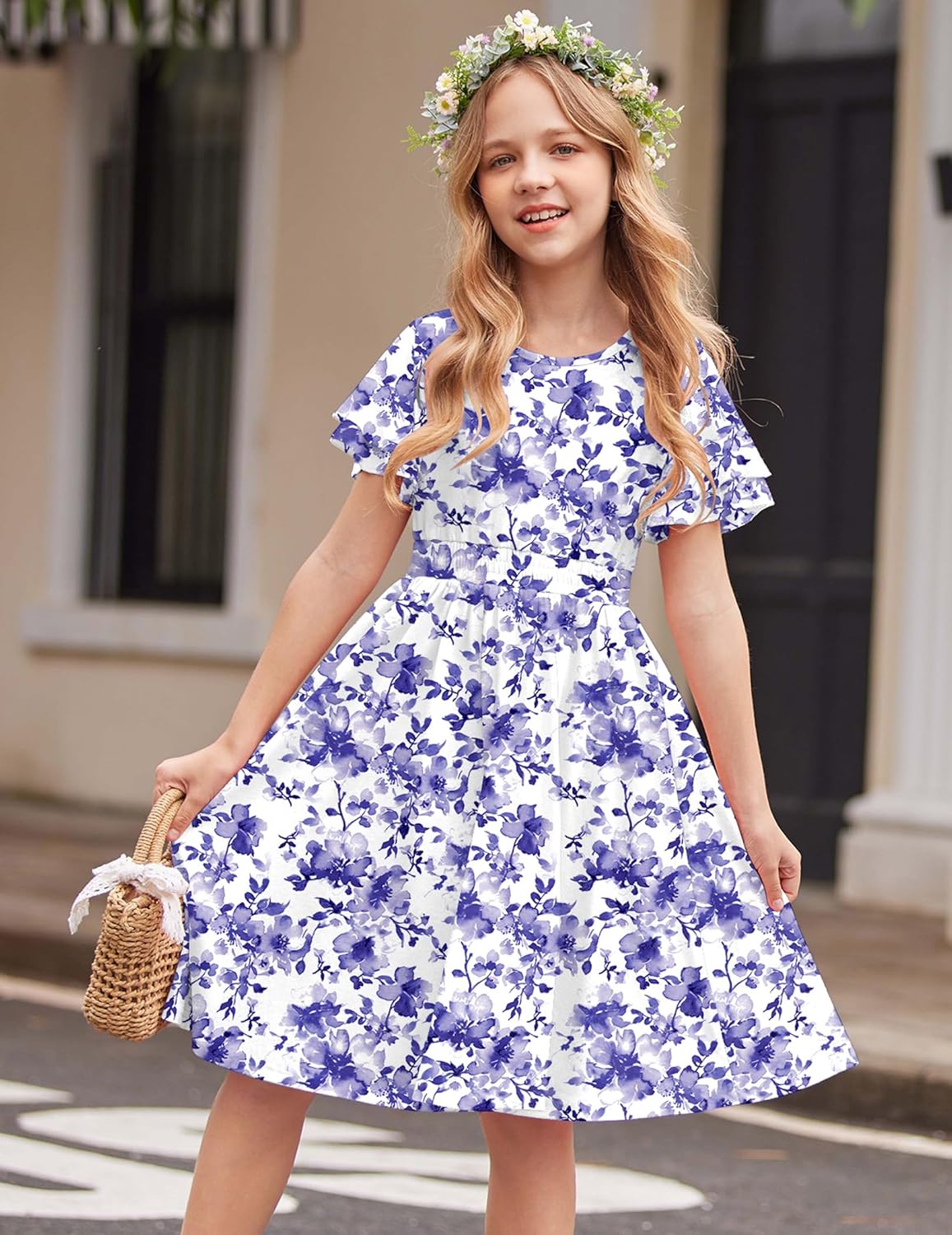 Arshiner Girl's Casual Dress Summer Scoop Neck Short Sleeve Flowy Print and Plain Sundress for Kids 4-14Y