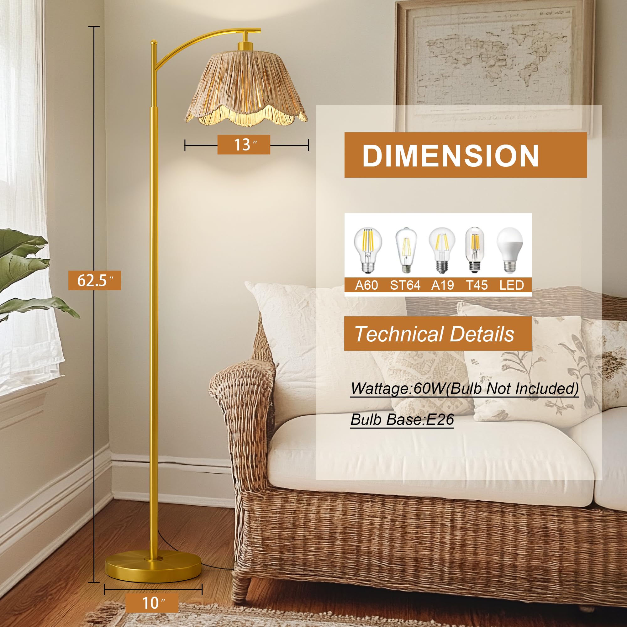 Oneach Arc Floor Lamp for Living Room,Rattan Boho Floor Lamp Decor with Hand-Wov — product photo