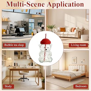 Cute Bear Straw Cup, Thickened Glass Coffee Cup with Lid, Glass Tumbler with Straw for Hot and Cold Drinks for Office and Home for Kids and Adults