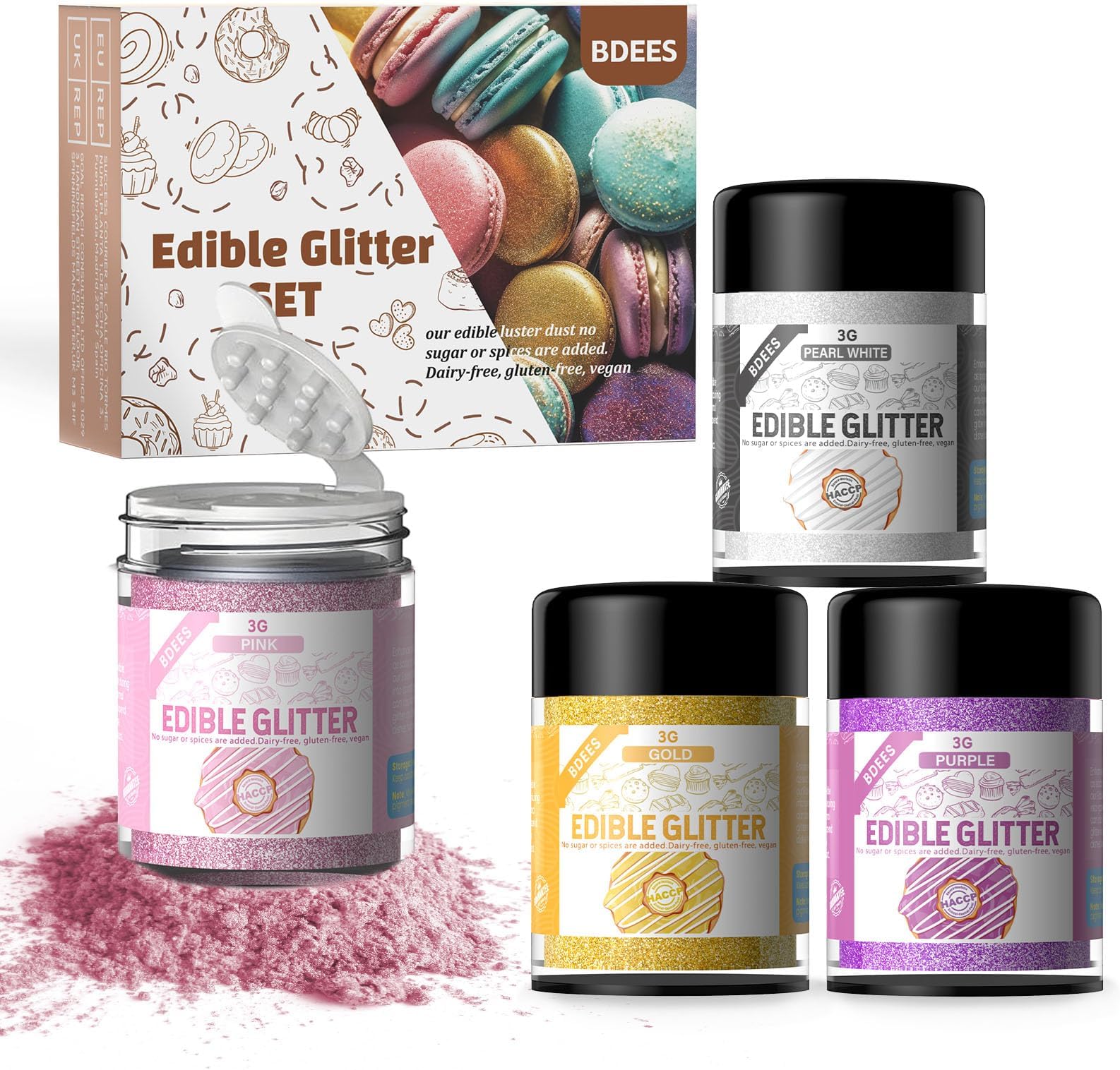 Edible Glitter, 4 Colors Cocktail Drink Glitter 100% Edible Glitter for Drinks, Cake Decorating, Strawberries, Food Grade Shimmering, Pink, Blue Rose, Gold Luster Dust Edible (3g per Bottle)