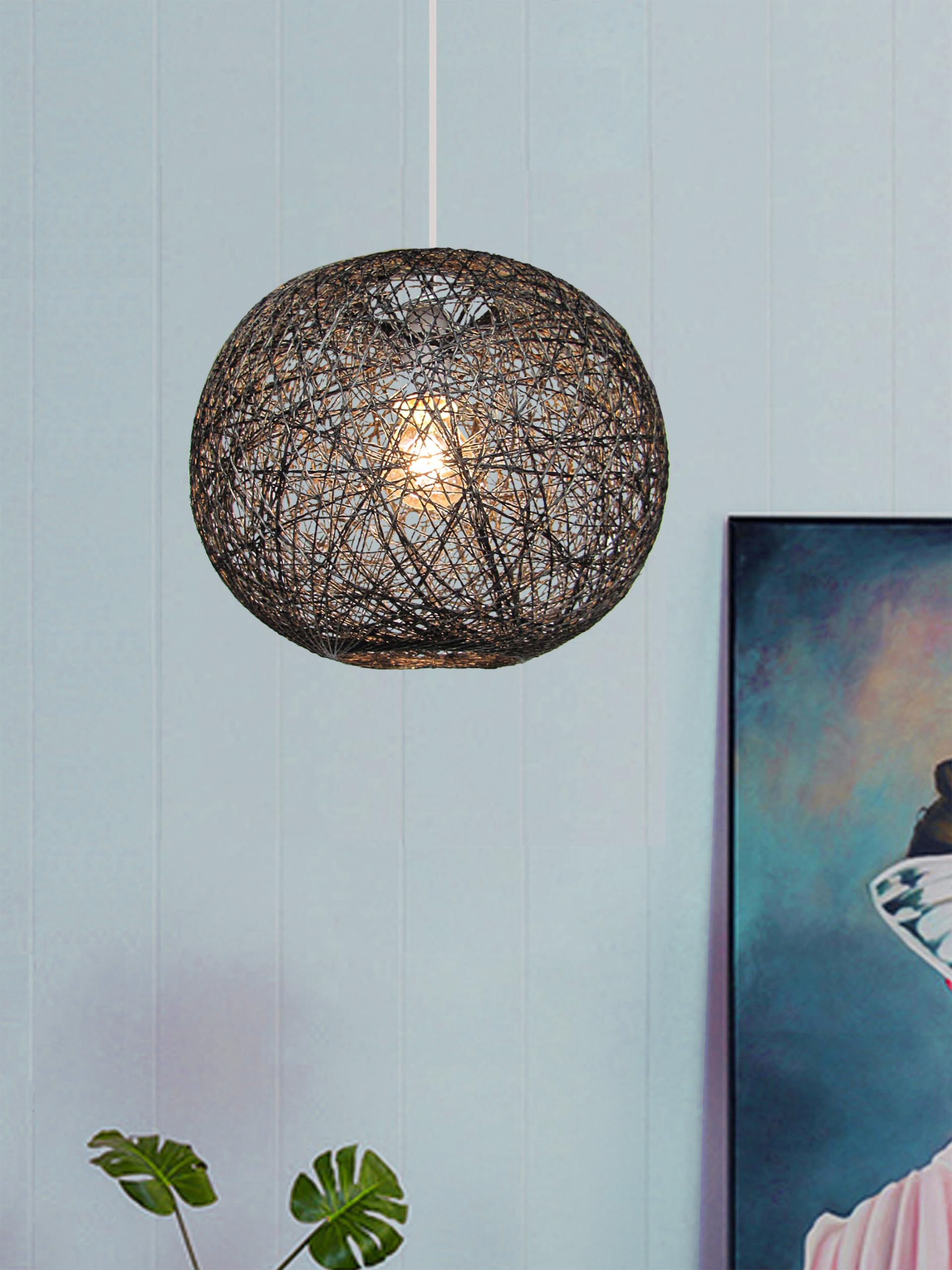 Large Rattan String Ball Pendant Lampshade - (Black) Light Shade for Bedroom, Living Room Hallway