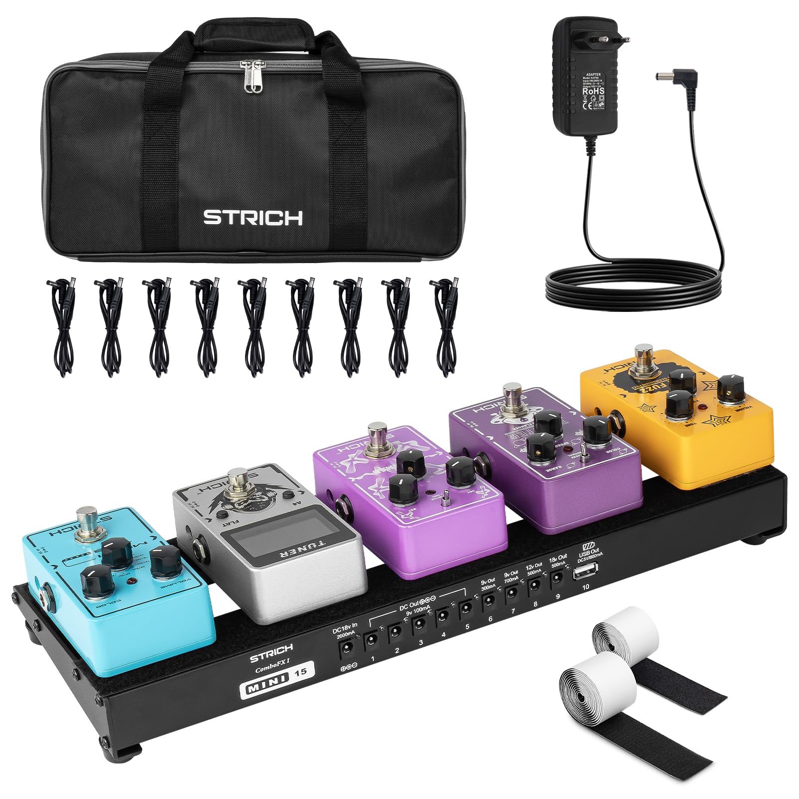 STRICH Gitarre Pedalboard mit integriertem Netzteil, kleines Pedalbrett 15 x 5,1" 1,3 LB leichtes Aluminiumlegierung, Tasche, Klettstreifen PB-M15