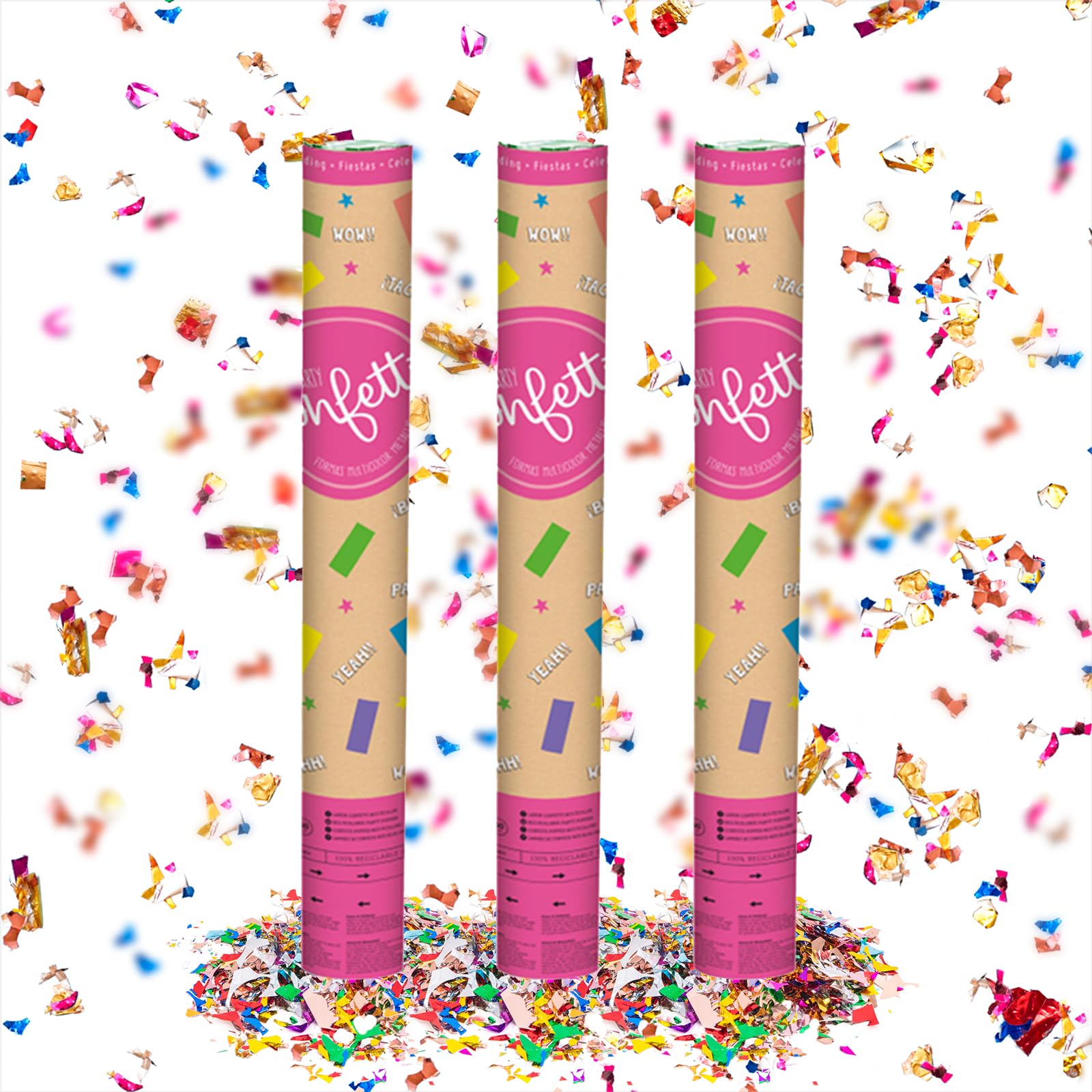 OH YEAH - 3 Unidades - Cañón Confeti Multicolor 50 cm - Confeti Multicolor Foil - Boda - Fiesta - Eventos - Cañón Fiesta 50 cm - FÁCIL USO
