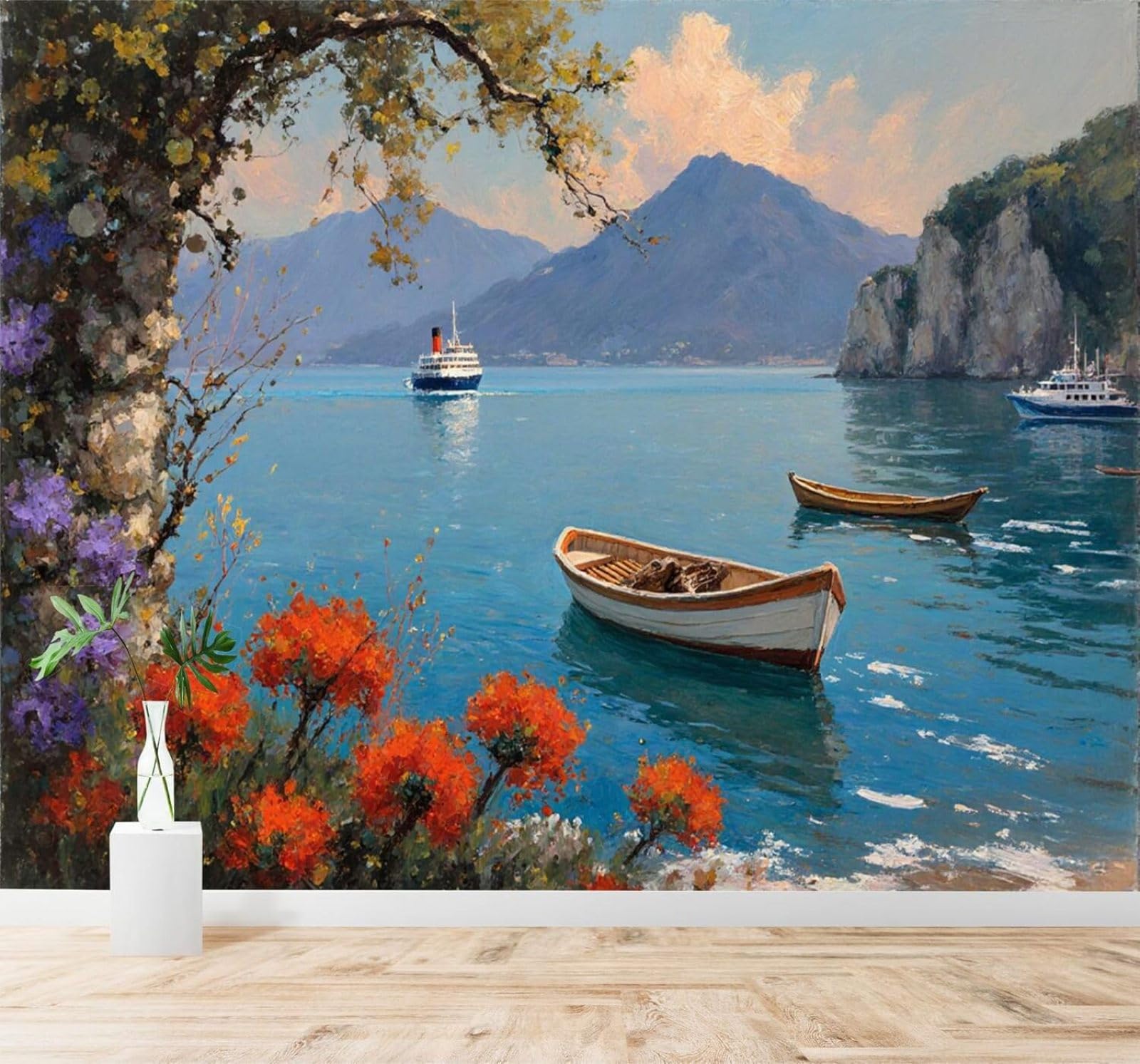 XLMING Seaside Scenery Boats Blue Ocean Mountains Flowers 3D Wallpaper Silky Texture Home Study Office Grey Dining Room Sofa Bedroom Living Room TV Backdrop-250cm×170cm