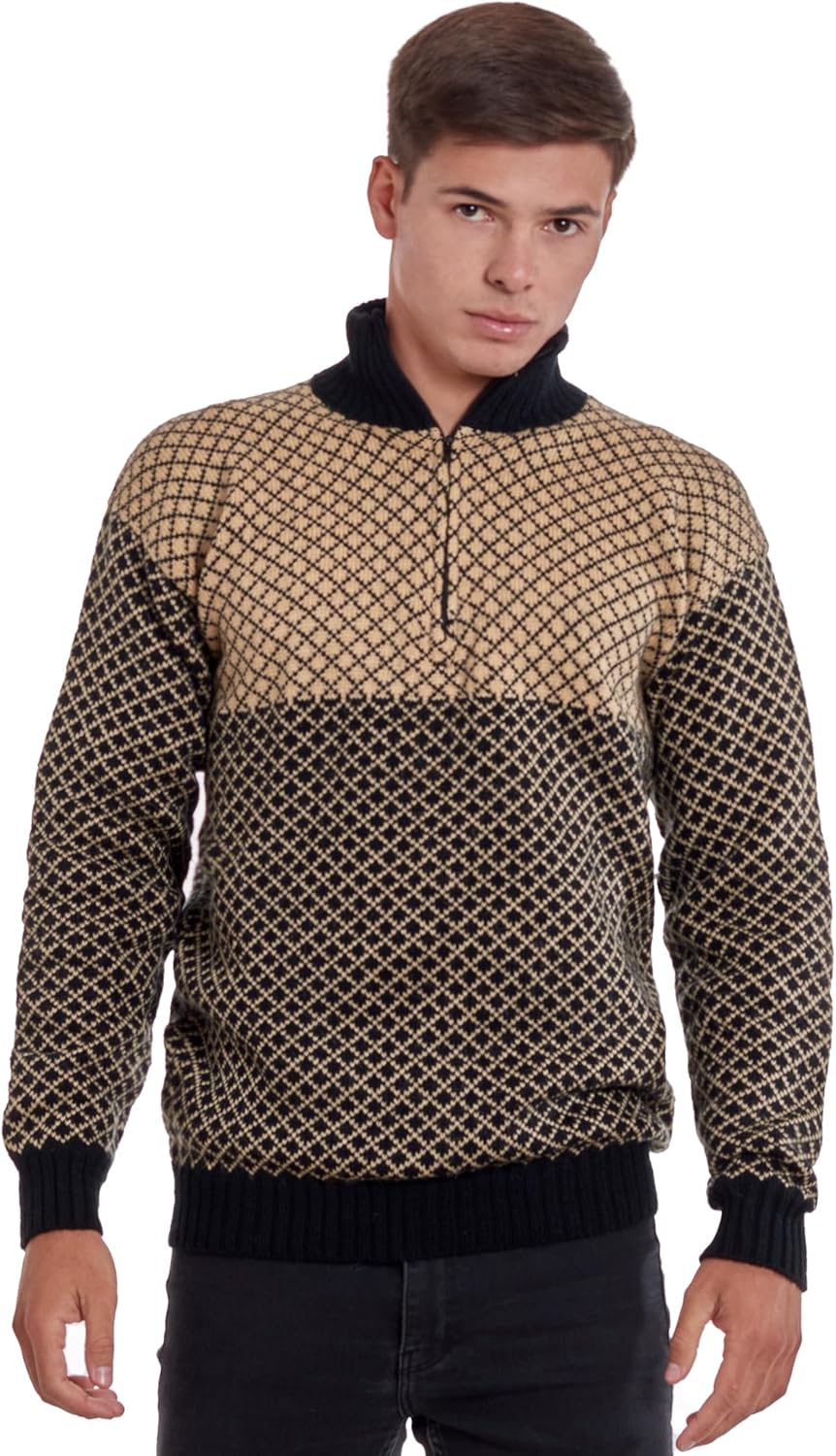 Men’s Soft Half-Zip Modern Beige and Black Alpaca Pullover Sweater