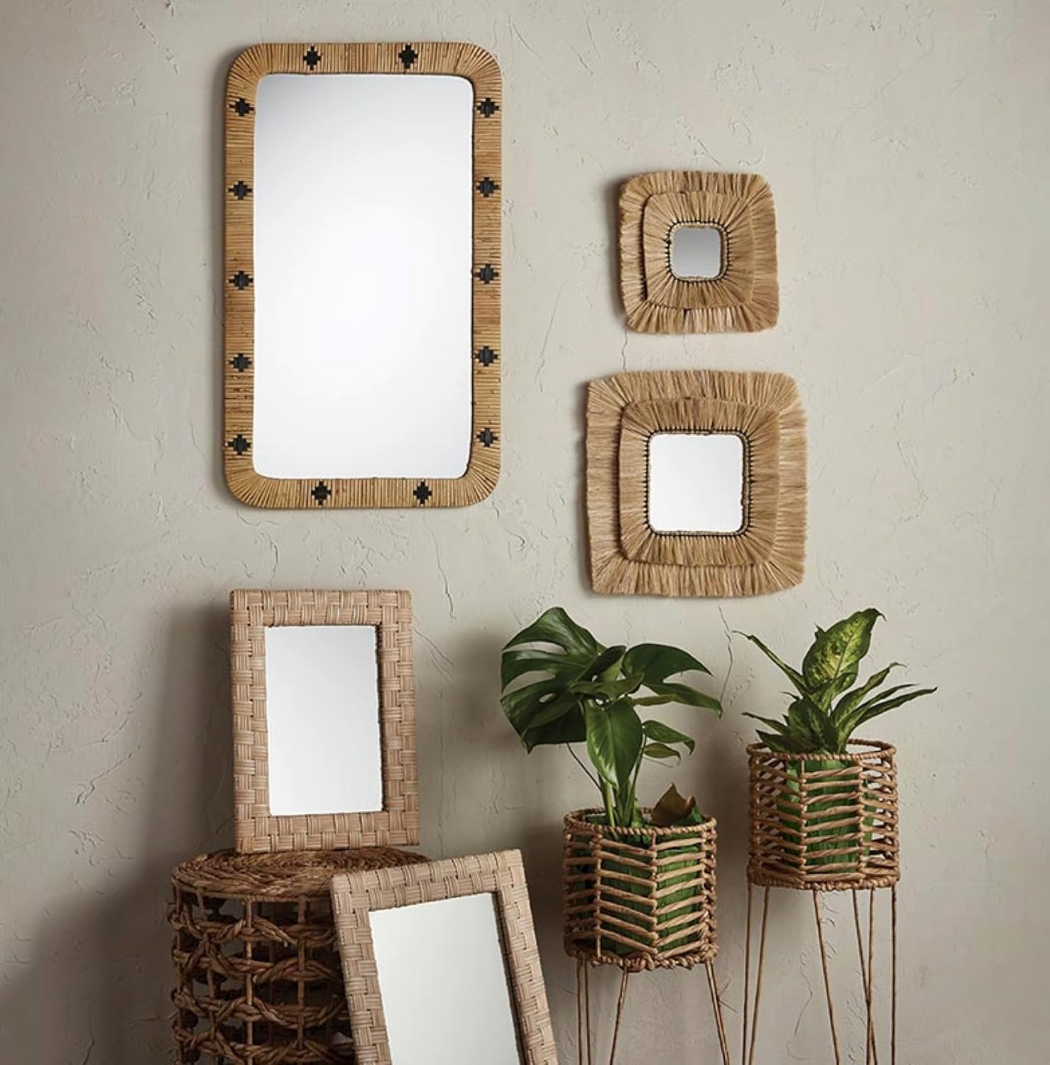 47th & Main Boho Rectangular Woven Hanging Mirror for Wall Décor, Large, Natural Cane